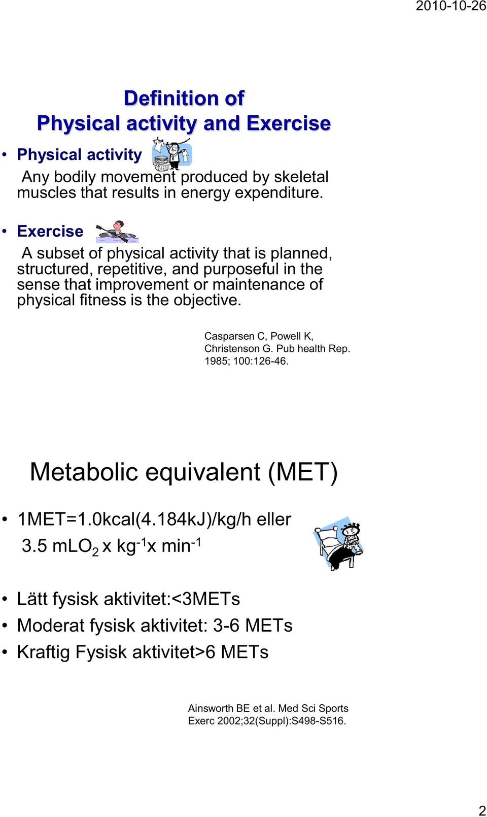 the objective. Casparsen C, Powell K, Christenson G. Pub health Rep. 1985; 100:126-46. Metabolic equivalent (MET) 1MET=1.0kcal(4.184kJ)/kg/h eller 3.