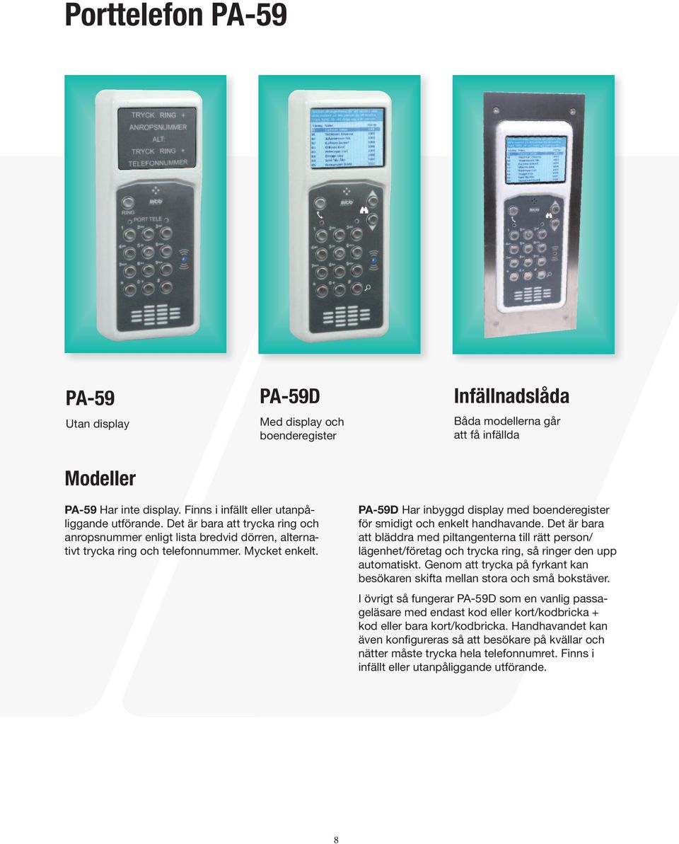 PA-59D Har inbyggd display med boenderegister för smidigt och enkelt handhavande.