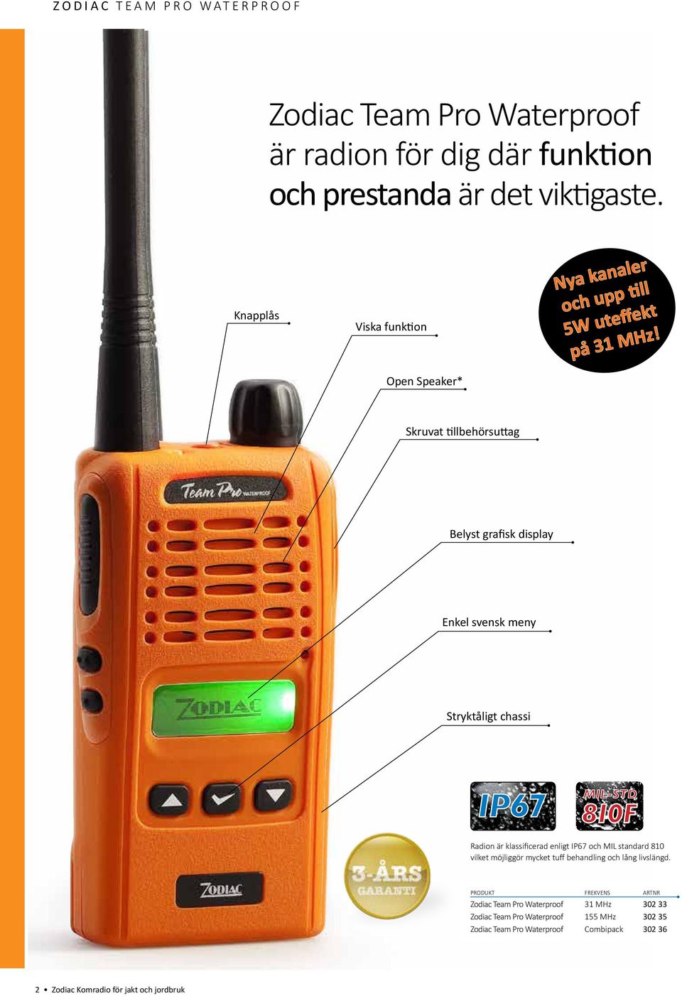 Skruvat tillbehörsuttag Belyst grafisk display Enkel svensk meny Stryktåligt chassi Radion är klassificerad enligt IP67 och MIL standard 810 vilket