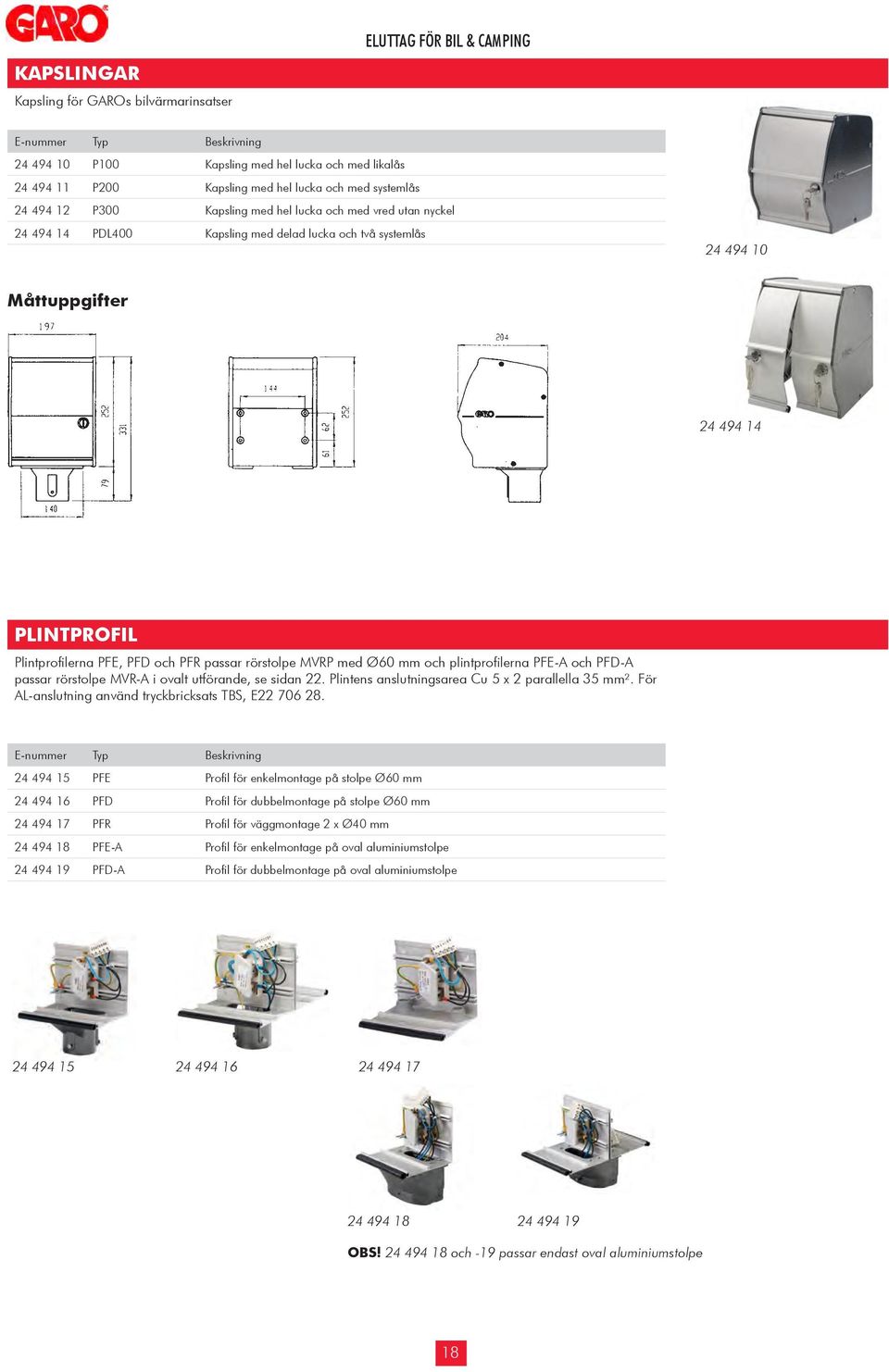 PFD och PFR passar rörstolpe MVRP med Ø60 mm och plintprofilerna PFE-A och PFD-A passar rörstolpe MVR-A i ovalt utförande, se sidan 22. Plintens anslutningsarea Cu 5 x 2 parallella 35 mm².