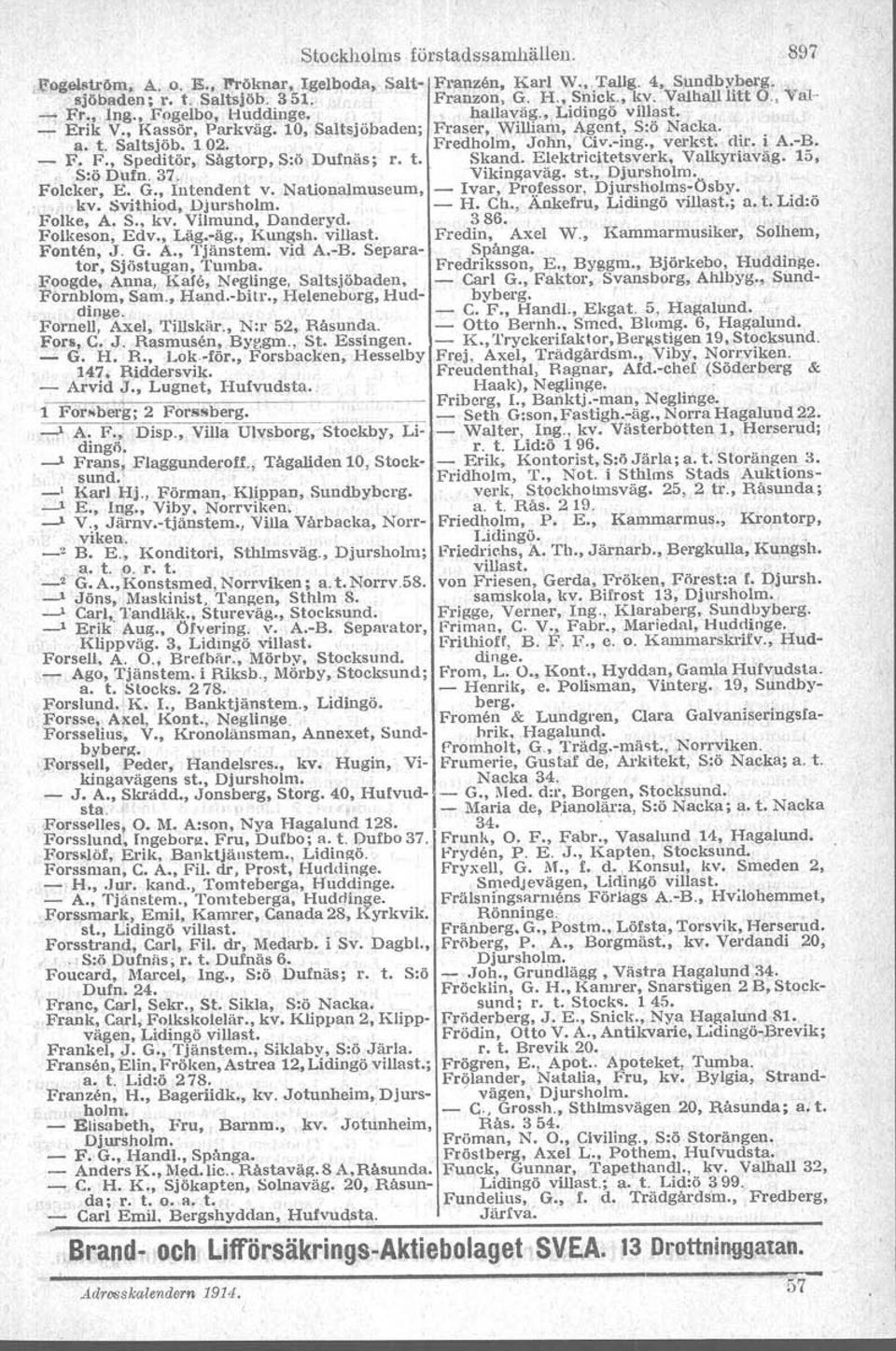 Tumba Foogde, Anna, Kale, Npglinge, Saltsjöbaden, Förnblom, Sarn, Handbilr, Heleneborg, Hud dinge Fornell, Axel, Tillskär, N:r 52, Råsunda Fors, C J Rasmusen, Byggm, St Esstngen, G H R, Lokför,