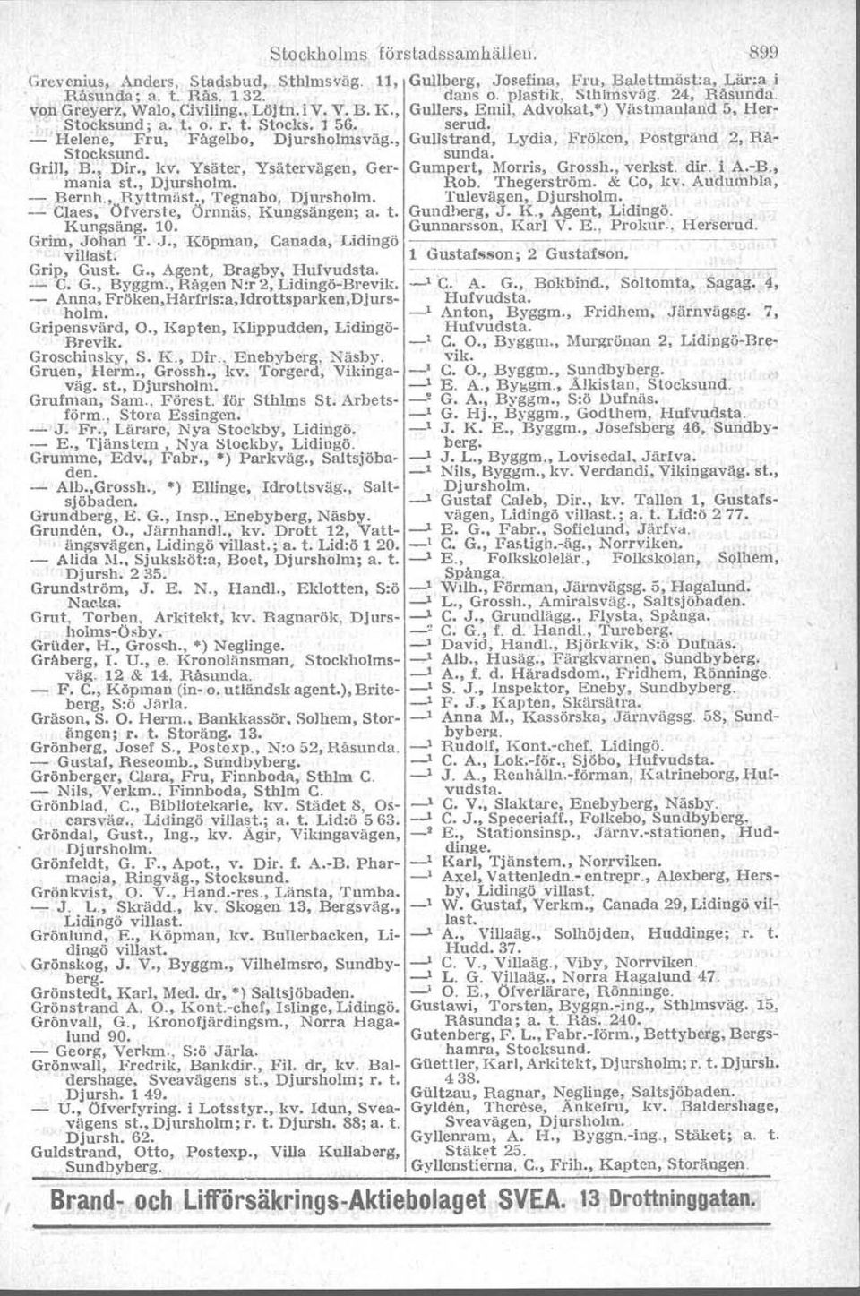 Stocksund sunda Grill, B, Dir, kl Ysäter, Ysätervägen, Ger Gumpert, Morrls, Grossh, verkst dir i AR, rnania st, Djursholm, Rob Ihegerström & Co, kl Audumbla, Bernh, Ryttrnäst, Iegnabo, lulevägen,