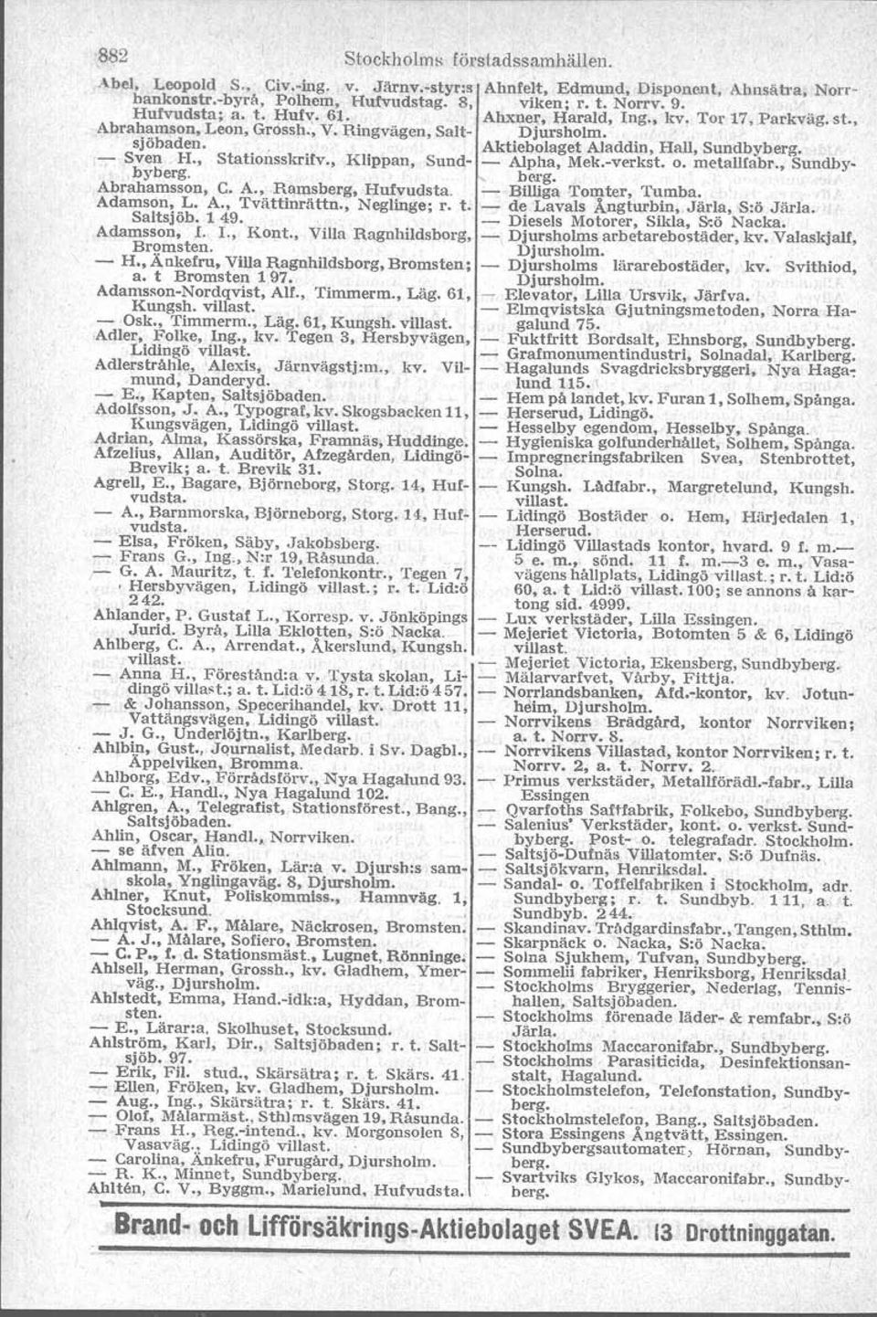 metallfabr Sundbybyberg berg Abrahamsson, C A Ramsberg, Hufvudsta Btlliga Tomter Tumba Adamson L A, Tvättinrättn NeglInge; r t de Lavals Ångturbin Järla, S:ÖJärla Saltsjöb 1 49, Diesels Motorer,
