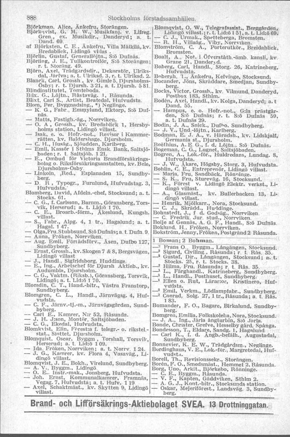 Bredablick, Lidingö villas Bromsten Bjiirlin, Guslaf, G nerallöjtn, SlÖDufnäs Björting, J E, Tullkontrollör, S:ÖStorängen ; Boalt, A, Not i Öfverst4thämb kansli, kv: Grane 21, Danderyd r t Storäng 49