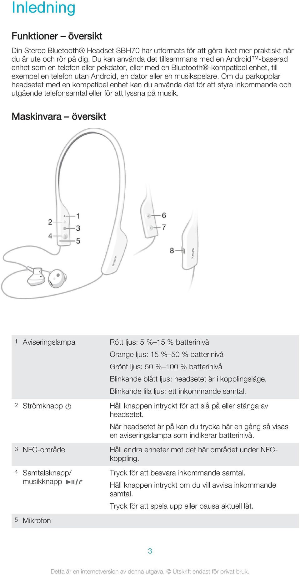musikspelare. Om du parkopplar headsetet med en kompatibel enhet kan du använda det för att styra inkommande och utgående telefonsamtal eller för att lyssna på musik.