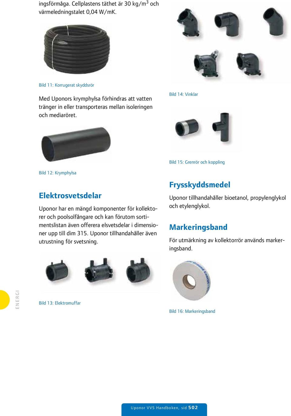 Bild 14: Vinklar Bild 15: Grenrör och koppling Bild 12: Krymphylsa Elektrosvetsdelar Uponor har en mängd komponenter för kollektorer och poolsolfångare och kan förutom sortimentslistan