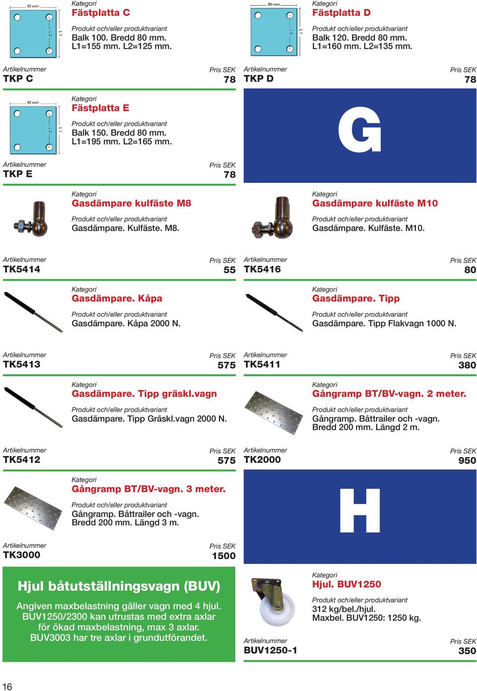 Tipp Gasdämpare. Tipp Flakvagn 1000 N. TK5413 575 Gasdämpare. Tipp gräskl.vagn Gasdämpare. Tipp Gräskl.vagn 2000 N. TK5412 575 Gångramp BT/BV-vagn. 3 meter. Gångramp. Båttrailer och -vagn.