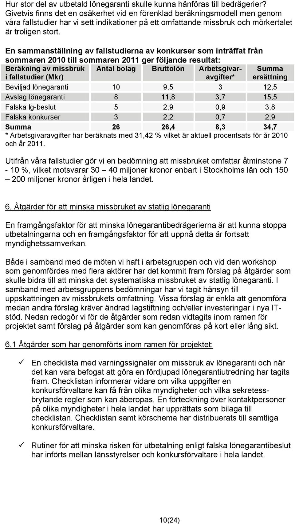 En sammanställning av fallstudierna av konkurser som inträffat från sommaren 2010 till sommaren 2011 ger följande resultat: Beräkning av missbruk i fallstudier (Mkr) Antal bolag Bruttolön