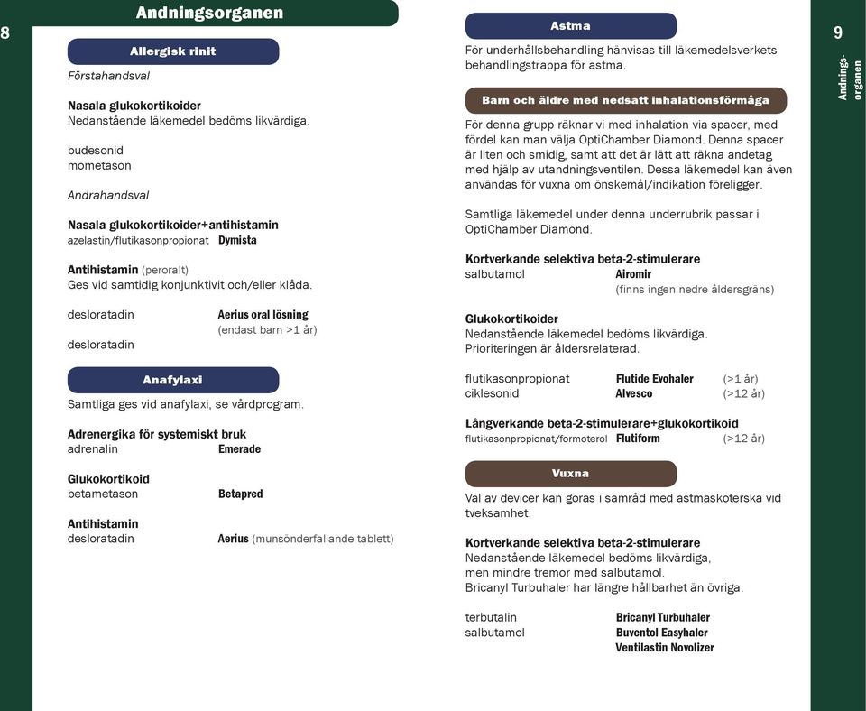 Adrenergika för systemiskt bruk adrenalin Emerade Glukokortikoid betametason Antihistamin desloratadin Betapred Aerius (munsönderfallande tablett) Astma För underhållsbehandling hänvisas till