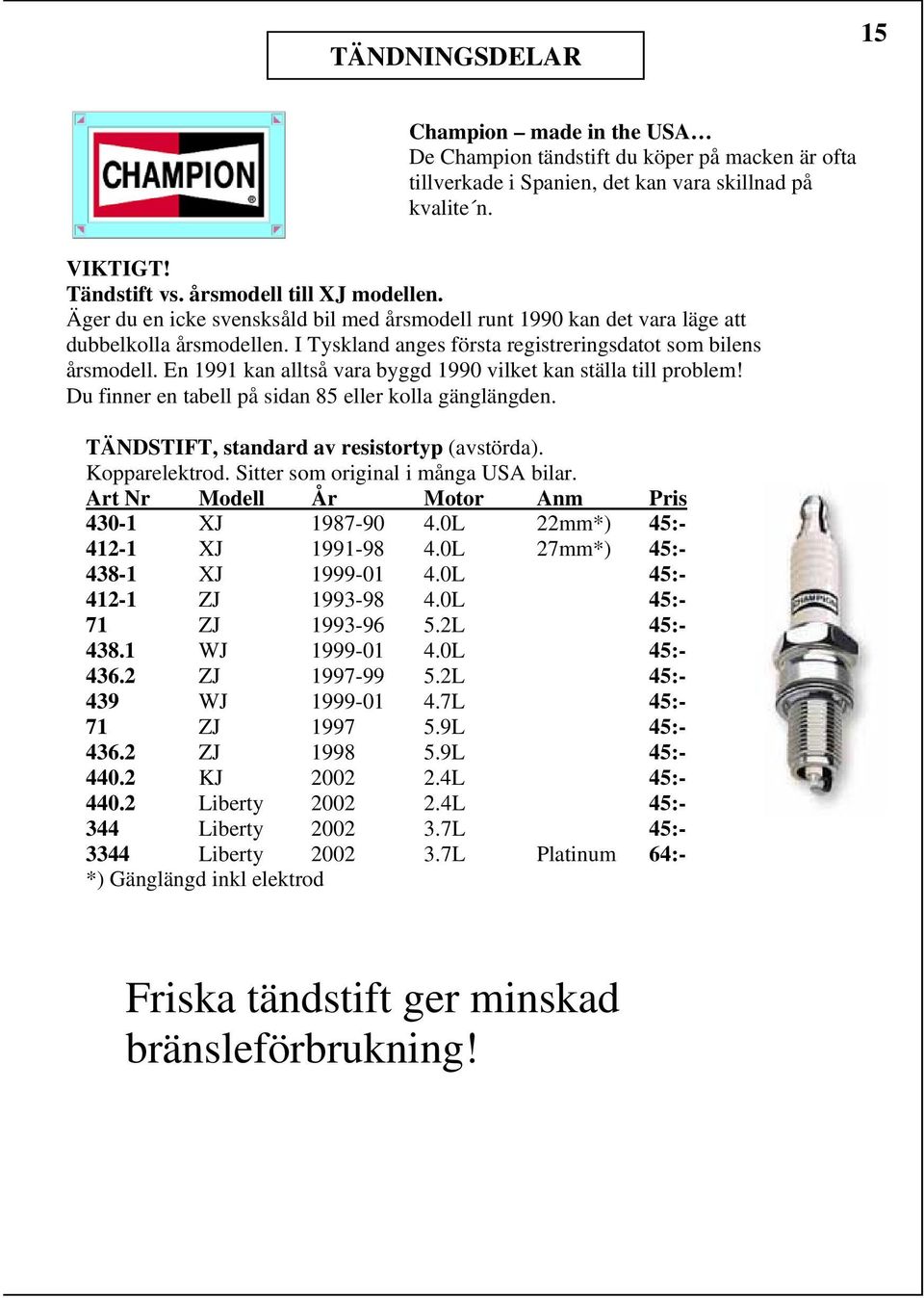 En 1991 kan alltså vara byggd 1990 vilket kan ställa till problem! Du finner en tabell på sidan 85 eller kolla gänglängden. TÄNDSTIFT, standard av resistortyp (avstörda). Kopparelektrod.