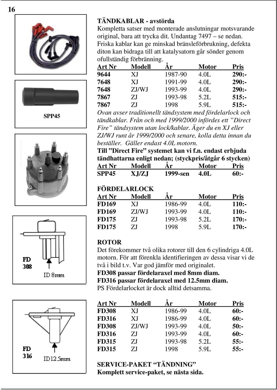 0L 290:- 7648 ZJ/WJ 1993-99 4.0L 290:- 7867 ZJ 1993-98 5.2L 515:- 7867 ZJ 1998 5.9L 515:- Ovan avser traditionellt tändsystem med fördelarlock och tändkablar.