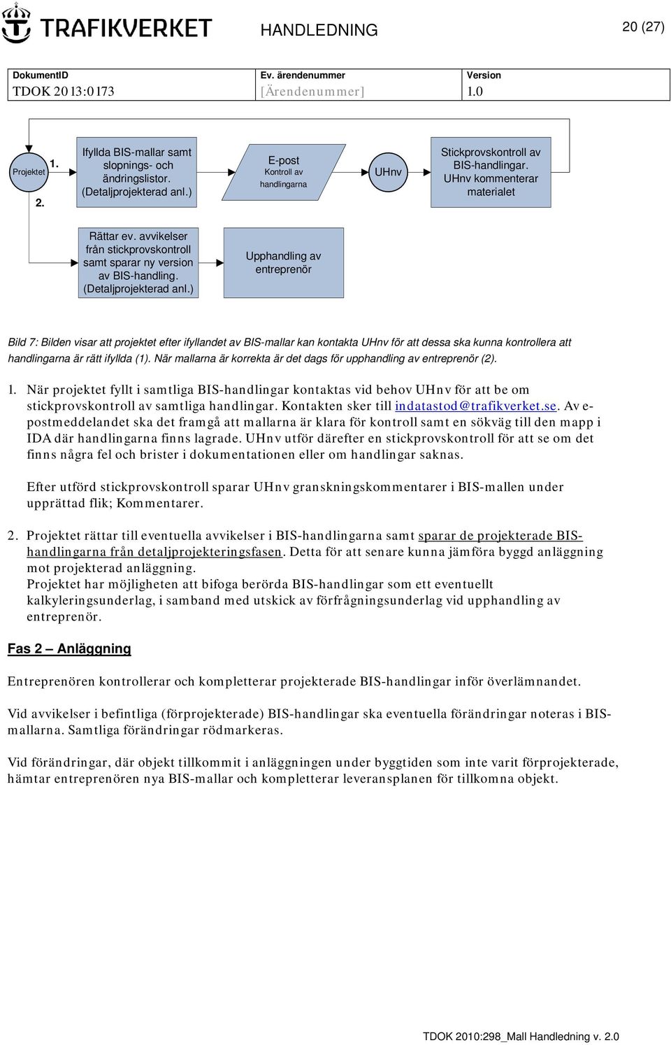 ) Upphandling av entreprenör Bild 7: Bilden visar att projektet efter ifyllandet av BIS-mallar kan kontakta UHnv för att dessa ska kunna kontrollera att handlingarna är rätt ifyllda (1).