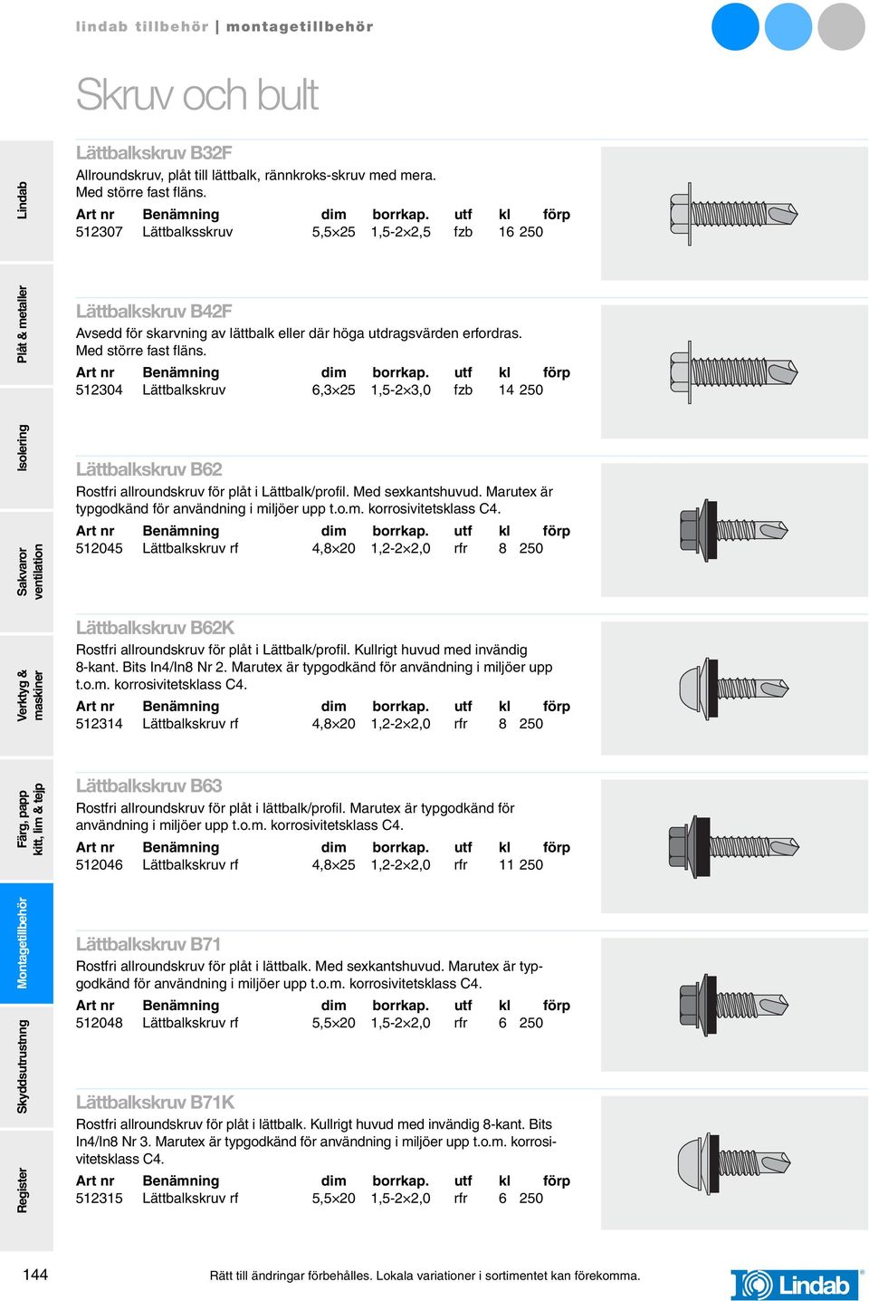 512304 Lättbalkskruv 6,3 25 1,5-2 3,0 fzb 14 250 Lättbalkskruv B62 Rostfri allroundskruv för plåt i Lättbalk/profil. Med sexkantshuvud. Marutex är typgodkänd för användning i miljöer upp t.o.m. korrosivitetsklass C4.