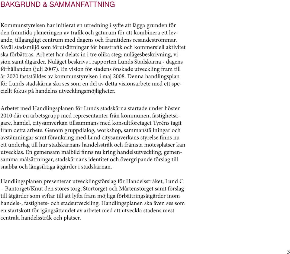 Arbetet har delats in i tre olika steg: nulägesbeskrivning, vision samt åtgärder. Nuläget beskrivs i rapporten Lunds Stadskärna - dagens förhållanden (juli 2007).