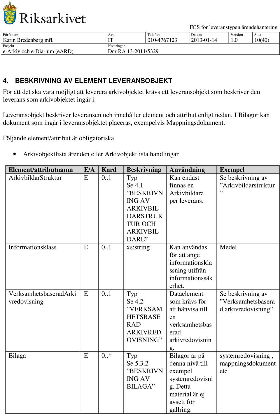 Leveransobjekt beskriver leveransen och innehåller element och attribut enligt nedan. I Bilagor kan dokument som ingår i leveransobjektet placeras, exempelvis Mappningsdokument.