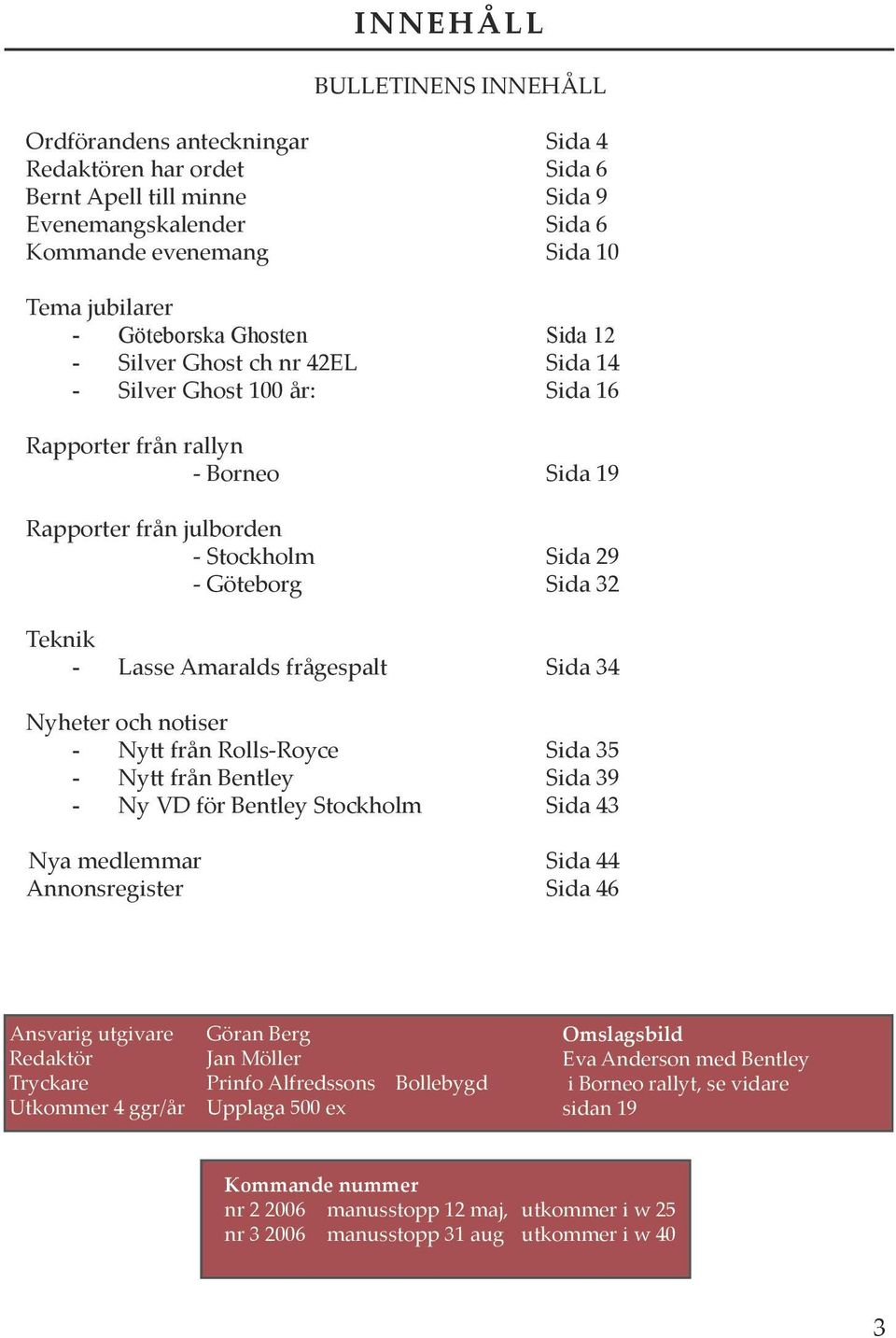 Teknik - Lasse Amaralds frågespalt Sida 34 Nyheter och notiser - Ny från Rolls-Royce Sida 35 - Ny från Bentley Sida 39 - Ny VD för Bentley Stockholm Sida 43 Nya medlemmar Sida 44 Annonsregister Sida