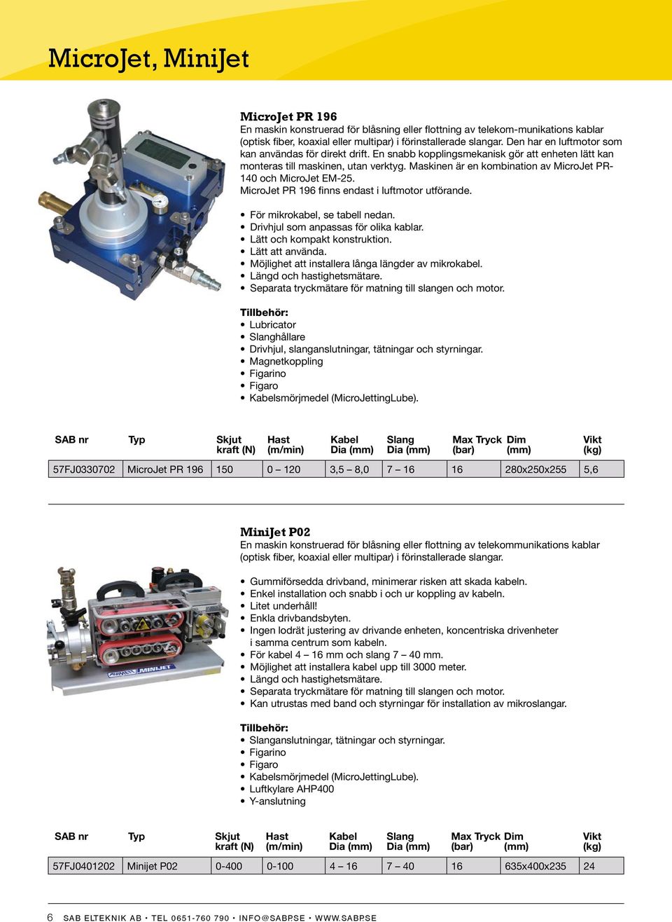 Maskinen är en kombination av MicroJet PR- 140 och MicroJet EM-25. MicroJet PR 196 finns endast i luftmotor utförande. För mikrokabel, se tabell nedan. Drivhjul som anpassas för olika kablar.