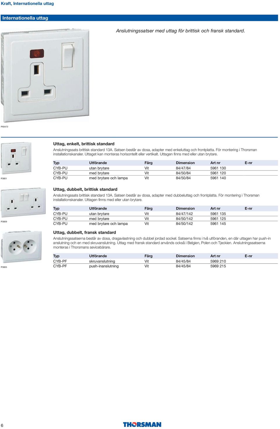 P3801 CYB-PU CYB-PU CYB-PU utan brytare med brytare med brytare och lampa 84/47/84 5961 130 5961 120 5961 140 Uttag, dubbelt, brittisk standard brittisk standard 13A.