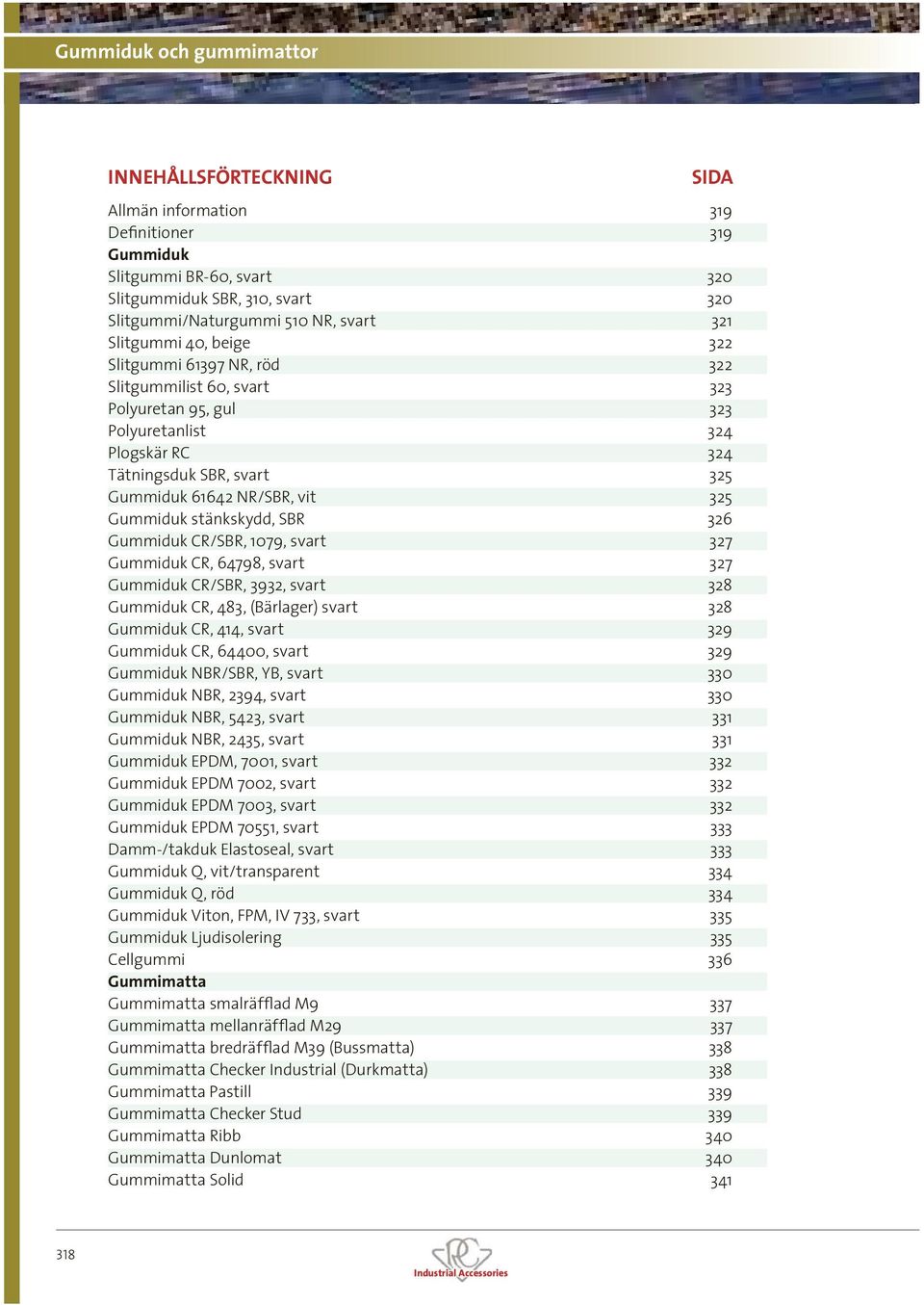 326 Gummiduk CR/SBR, 1079, svart 327 Gummiduk CR, 64798, svart 327 Gummiduk CR/SBR, 3932, svart 328 Gummiduk CR, 483, (Bärlager) svart 328 Gummiduk CR, 414, svart 329 Gummiduk CR, 64400, svart 329