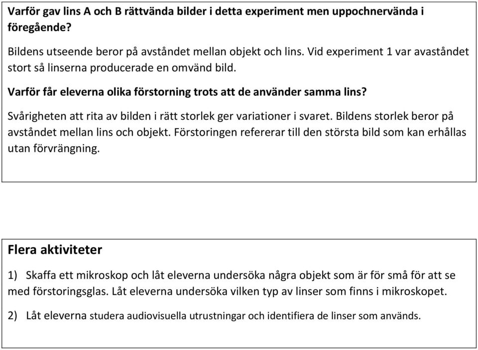 Svårigheten att rita av bilden i rätt storlek ger variationer i svaret. Bildens storlek beror på avståndet mellan lins och objekt.