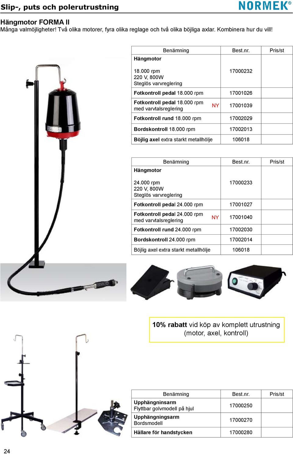 000 rpm 17002029 Bordskontroll 18.000 rpm 17002013 Böjlig axel extra starkt metallhölje 106018 Hängmotor 24.000 rpm 220 V, 800W Steglös varvreglering 17000233 Fotkontroll pedal 24.