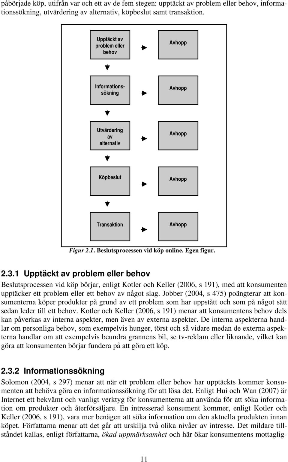 1 Upptäckt av problem eller behov Beslutsprocessen vid köp börjar, enligt Kotler och Keller (2006, s 191), med att konsumenten upptäcker ett problem eller ett behov av något slag.