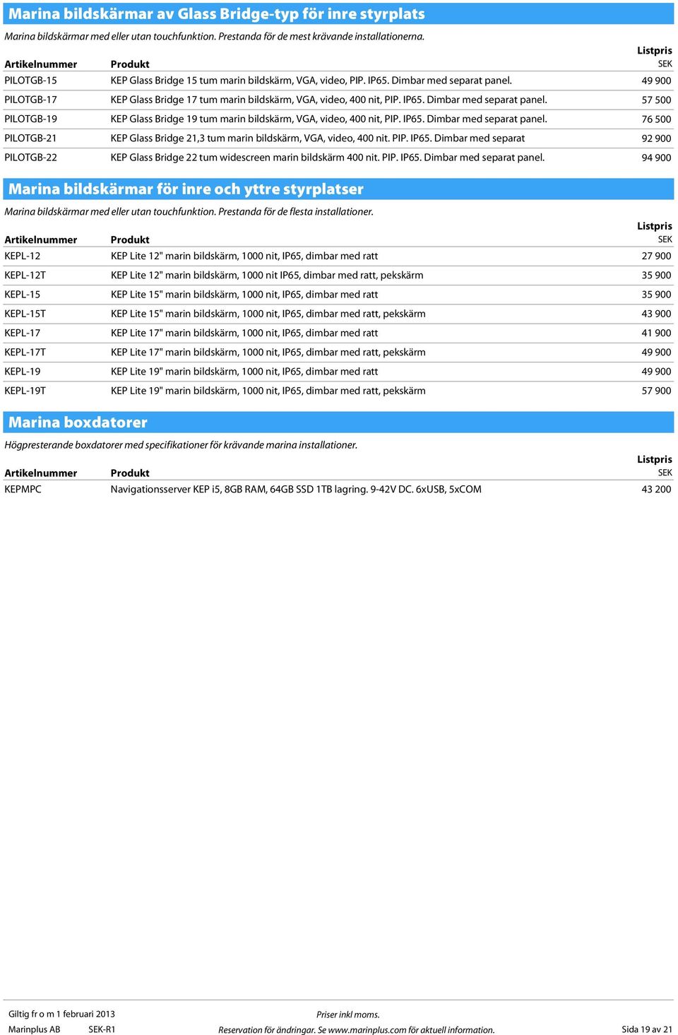 IP65. Dimbar med separat panel. 76 500 PILOTGB-21 KEP Glass Bridge 21,3 tum marin bildskärm, VGA, video, 400 nit. PIP. IP65.