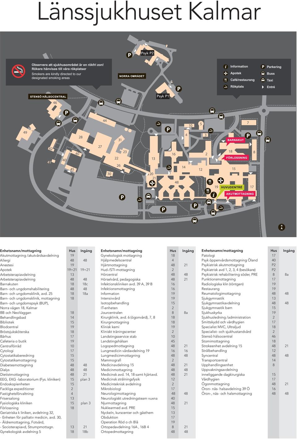 25 18 18a Barn- och ungdomsklinik, mottagning 18 Barn- och ungdomspsyk (BUP), Norra vägen 18, Kalmar BB och NeoVaggan 18 Behandlingsbad 14 Bibliotek 15 Blodcentral 19 Bröstsjuksköterska 18 Bårhus 17