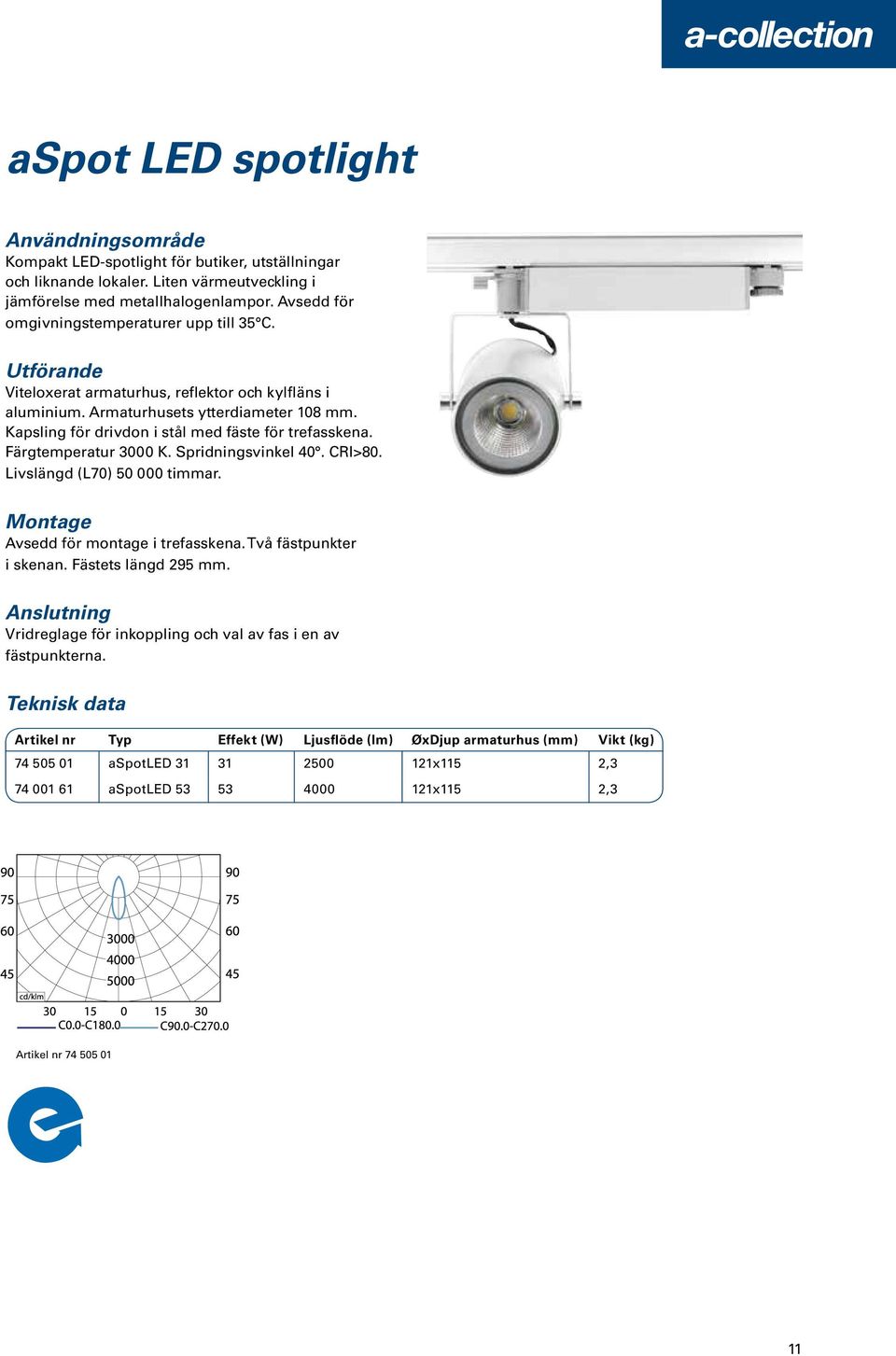 Kapsling för drivdon i stål med fäste för trefasskena. Färgtemperatur 3000 K. Spridningsvinkel 40. CRI>80. Livslängd (L70) 50 000 timmar. Montage Avsedd för montage i trefasskena.