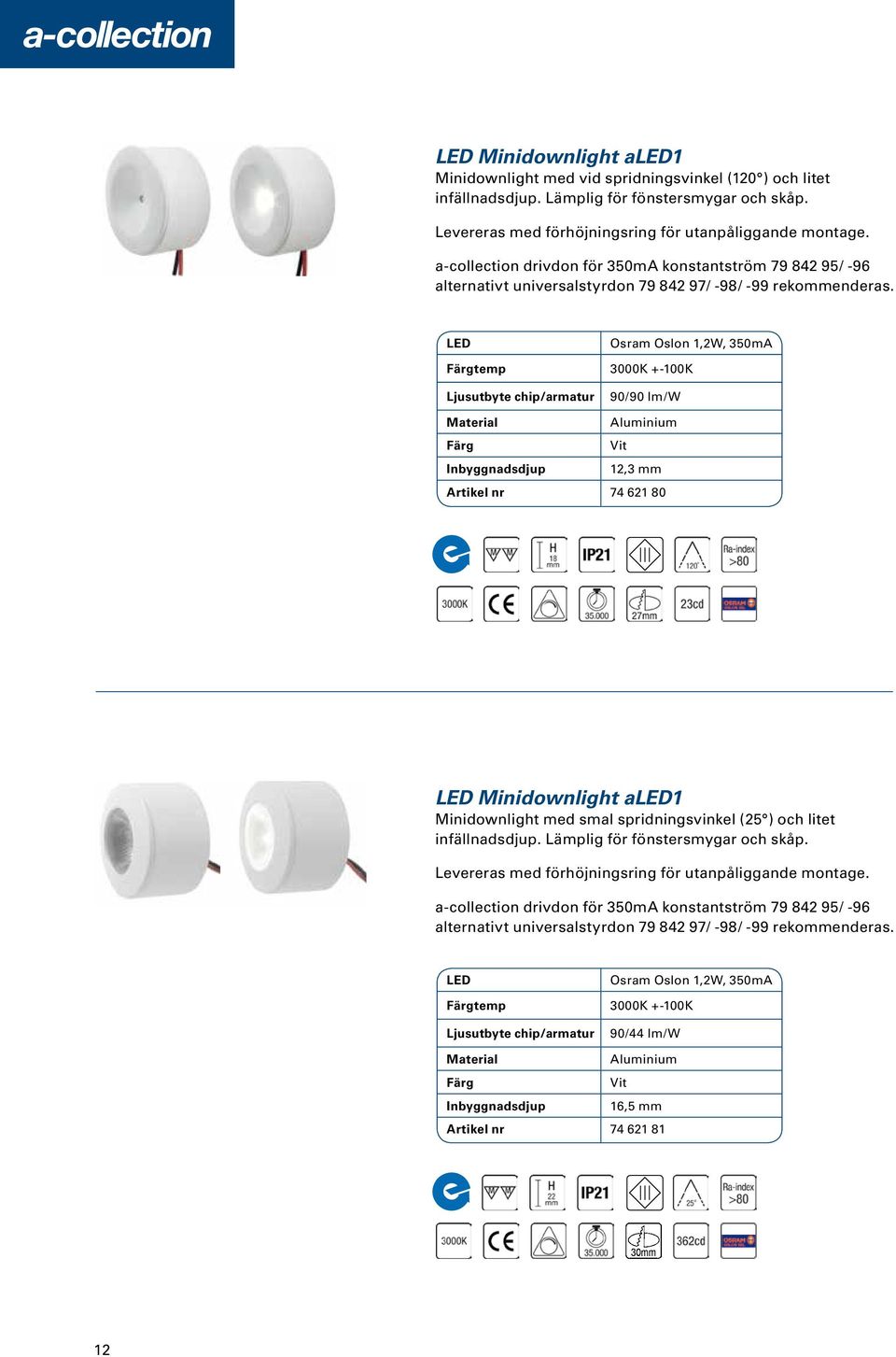 LED Färgtemp Ljusutbyte chip/armatur Osram Oslon 1,2W, 350mA 3000K +-100K 90/90 lm/w Material Aluminium Färg Vit Inbyggnadsdjup 12,3 mm 74 621 80 LED Minidownlight aled1 Minidownlight med smal