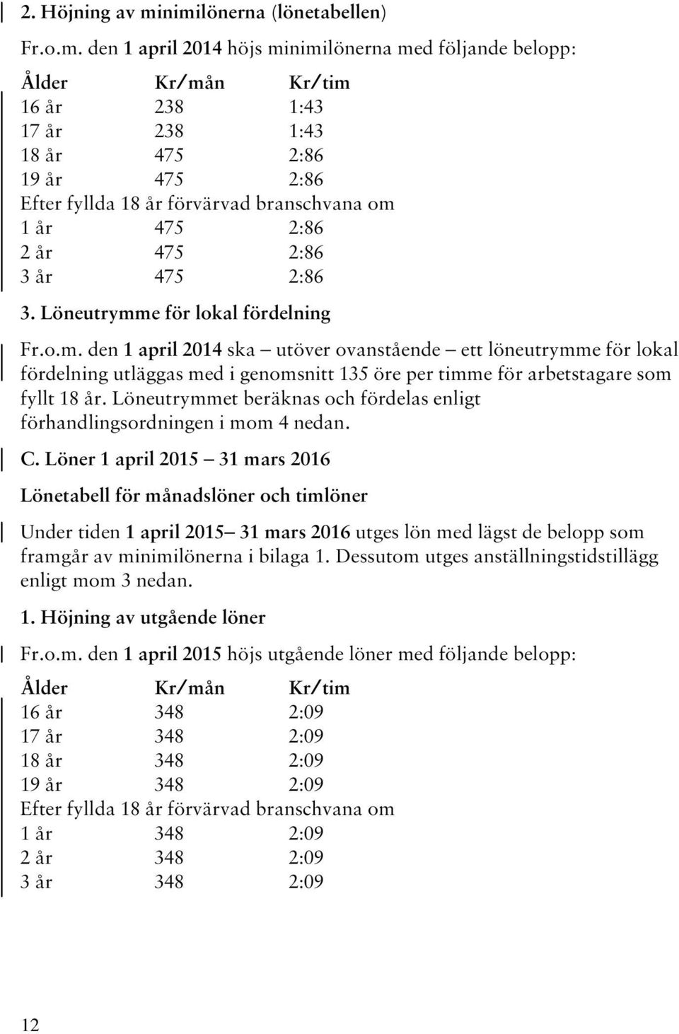 förvärvad branschvana om 1 år 475 2:86 2 år 475 2:86 3 år 475 2:86 3. Löneutrymme för lokal fördelning Fr.o.m. den 1 april 2014 ska utöver ovanstående ett löneutrymme för lokal fördelning utläggas med i genomsnitt 135 öre per timme för arbetstagare som fyllt 18 år.