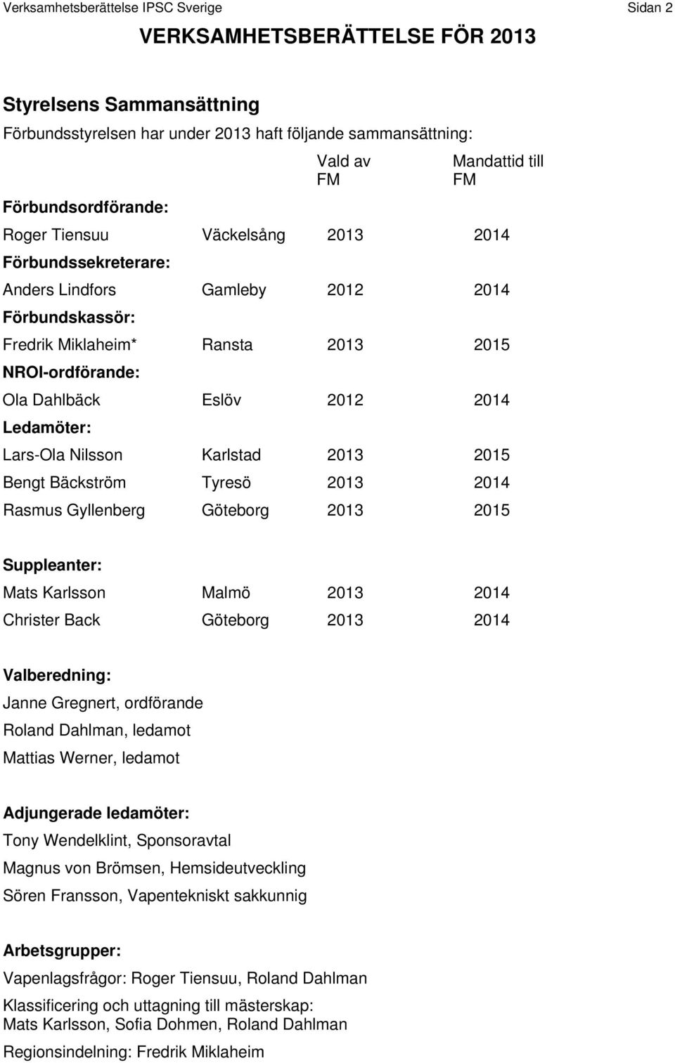2012 2014 Ledamöter: Lars-Ola Nilsson Karlstad 2013 2015 Bengt Bäckström Tyresö 2013 2014 Rasmus Gyllenberg Göteborg 2013 2015 Suppleanter: Mats Karlsson Malmö 2013 2014 Christer Back Göteborg 2013