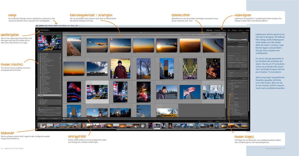 Exempelvis bara de du markerat som bra Modulväljaren Lightroom är uppdelat i 7 avdelningar kallat moduler. Du hoppar mellan dem med Modulväljaren. Identitetsplåten Här ser du vad programmet heter.