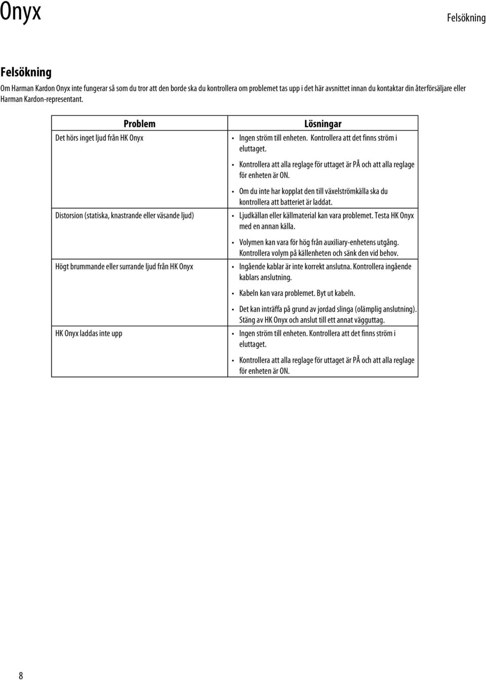 Problem Det hörs inget ljud från HK Onyx Distorsion (statiska, knastrande eller väsande ljud) Högt brummande eller surrande ljud från HK Onyx HK Onyx laddas inte upp Lösningar Ingen ström till