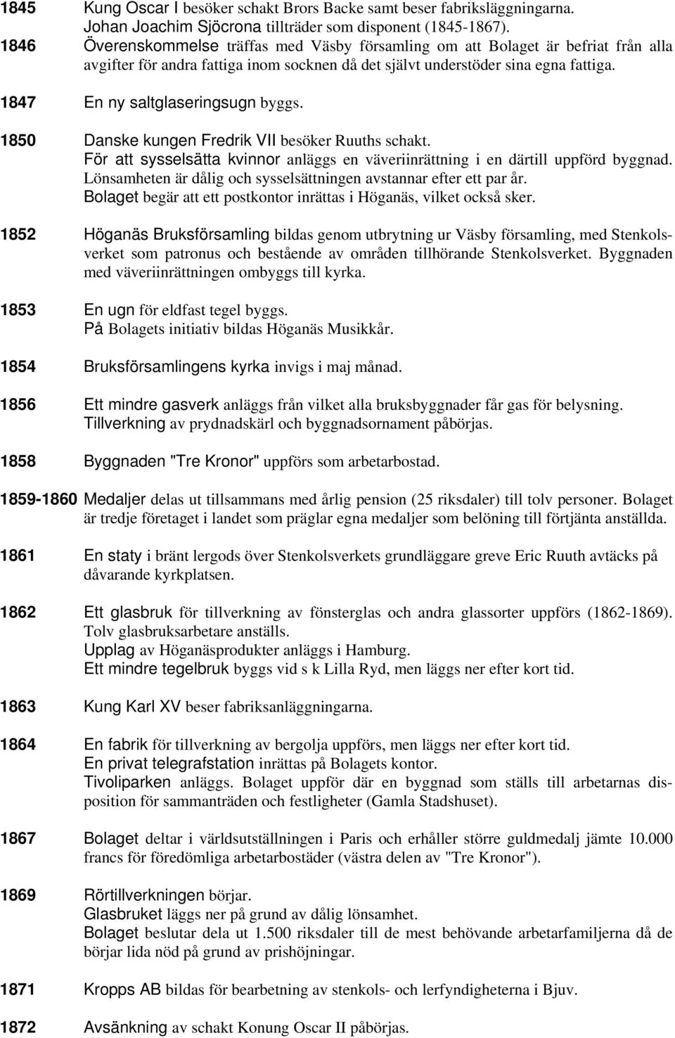 1847 En ny saltglaseringsugn byggs. 1850 Danske kungen Fredrik VII besöker Ruuths schakt. För att sysselsätta kvinnor anläggs en väveriinrättning i en därtill uppförd byggnad.