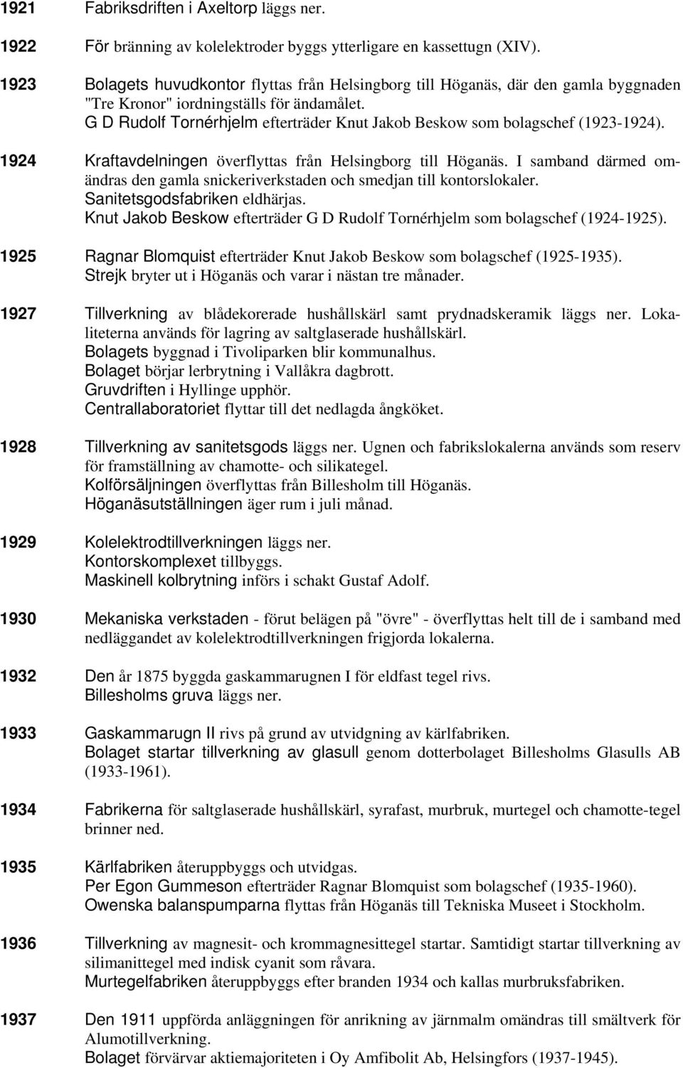 G D Rudolf Tornérhjelm efterträder Knut Jakob Beskow som bolagschef (1923-1924). 1924 Kraftavdelningen överflyttas från Helsingborg till Höganäs.