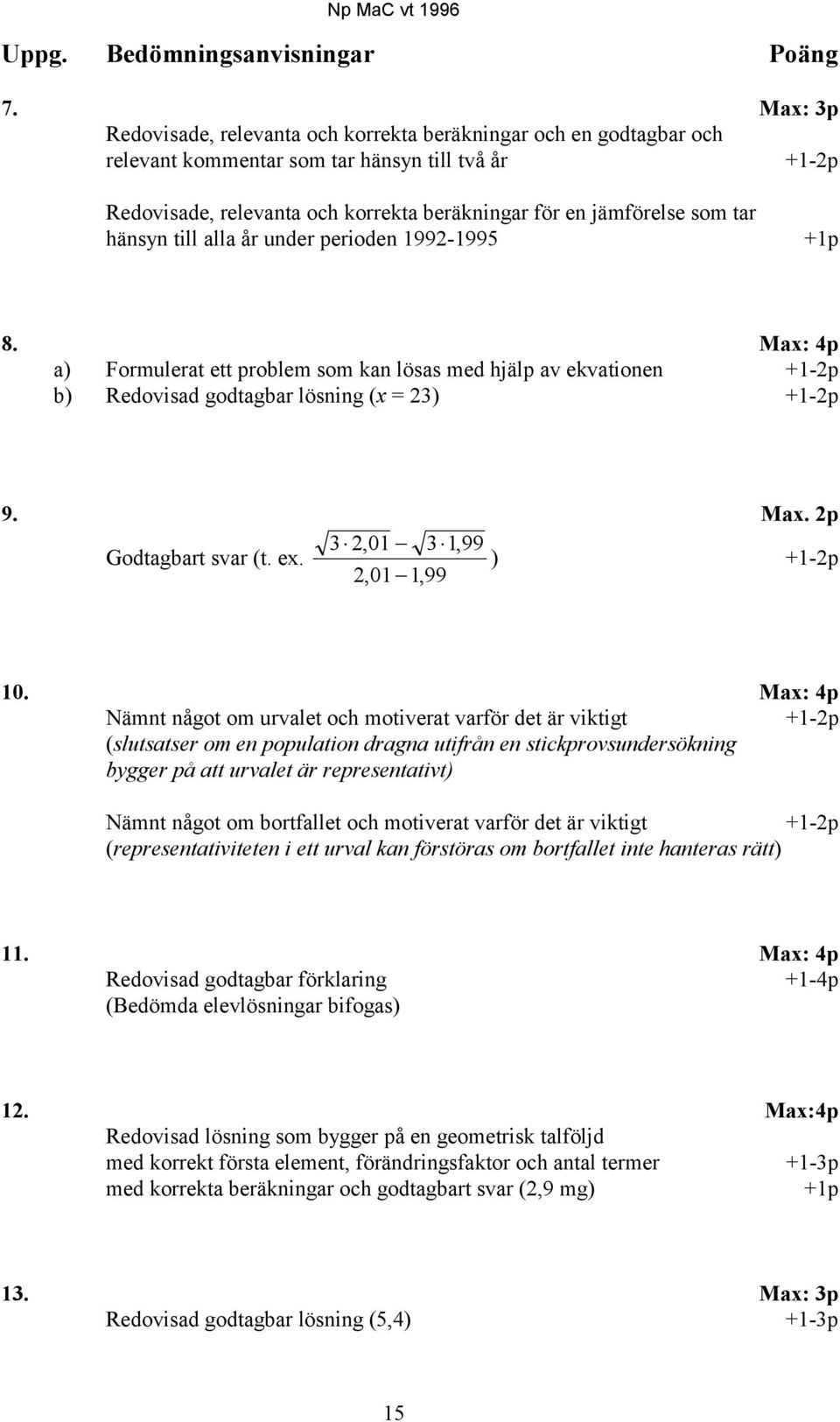 tar hänsyn till alla år under perioden 1992-1995 +1p 8. Max: 4p a) Formulerat ett problem som kan lösas med hjälp av ekvationen +1-2p b) Redovisad godtagbar lösning (x = 23) +1-2p 9. Max. 2p 3201, 31,99 Godtagbart svar (t.