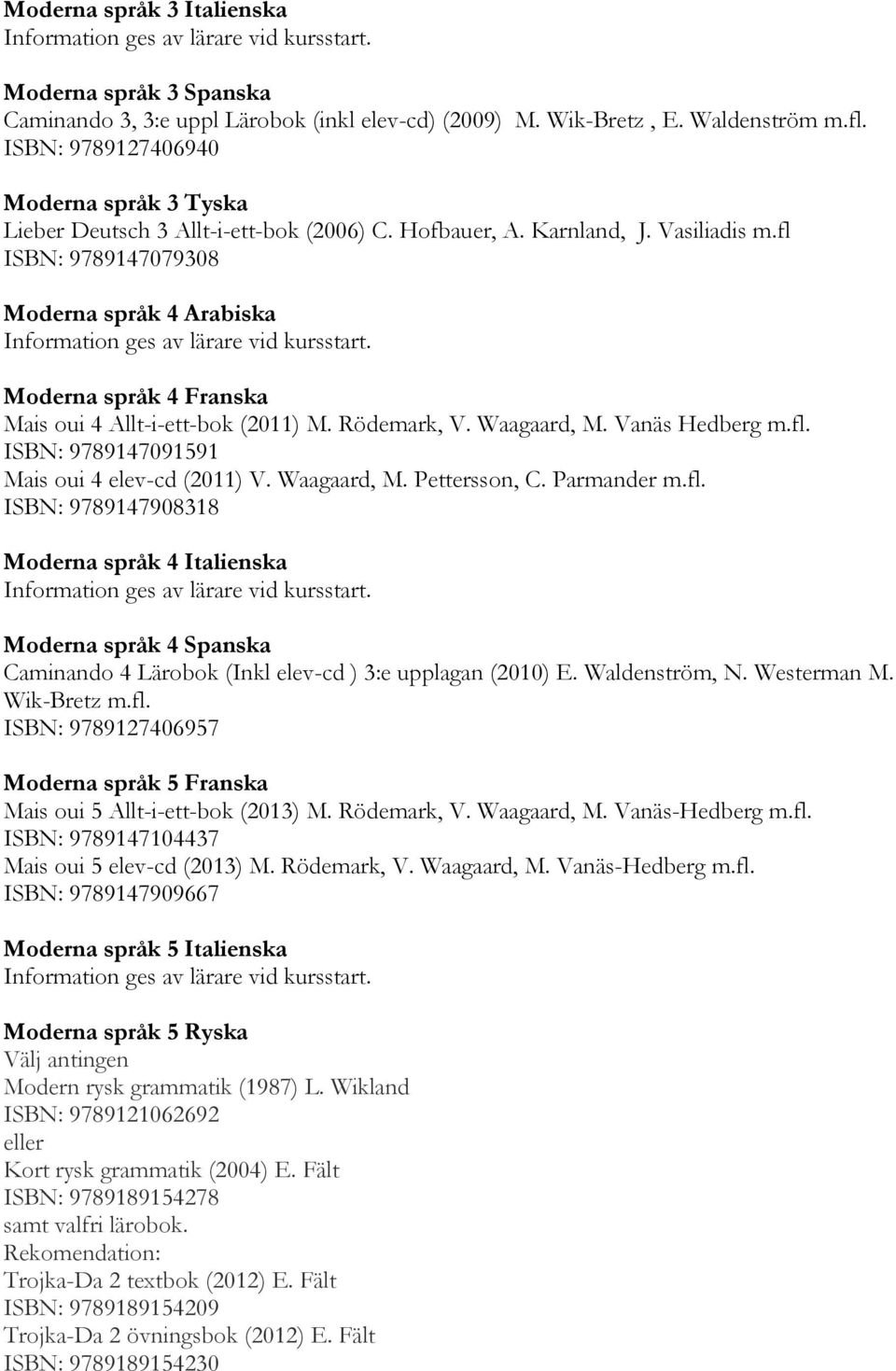 fl ISBN: 9789147079308 Moderna språk 4 Arabiska Moderna språk 4 Franska Mais oui 4 Allt-i-ett-bok (2011) M. Rödemark, V. Waagaard, M. Vanäs Hedberg m.fl. ISBN: 9789147091591 Mais oui 4 elev-cd (2011) V.