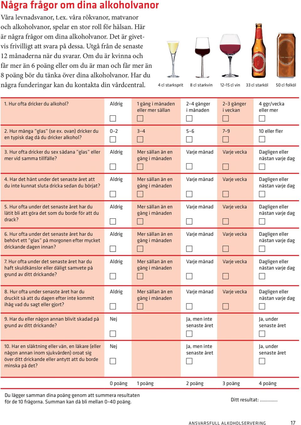 Om du är kvinna och får mer än 6 poäng eller om du är man och får mer än 8 poäng bör du tänka över dina alkoholvanor. Har du några funderingar kan du kontakta din vårdcentral.