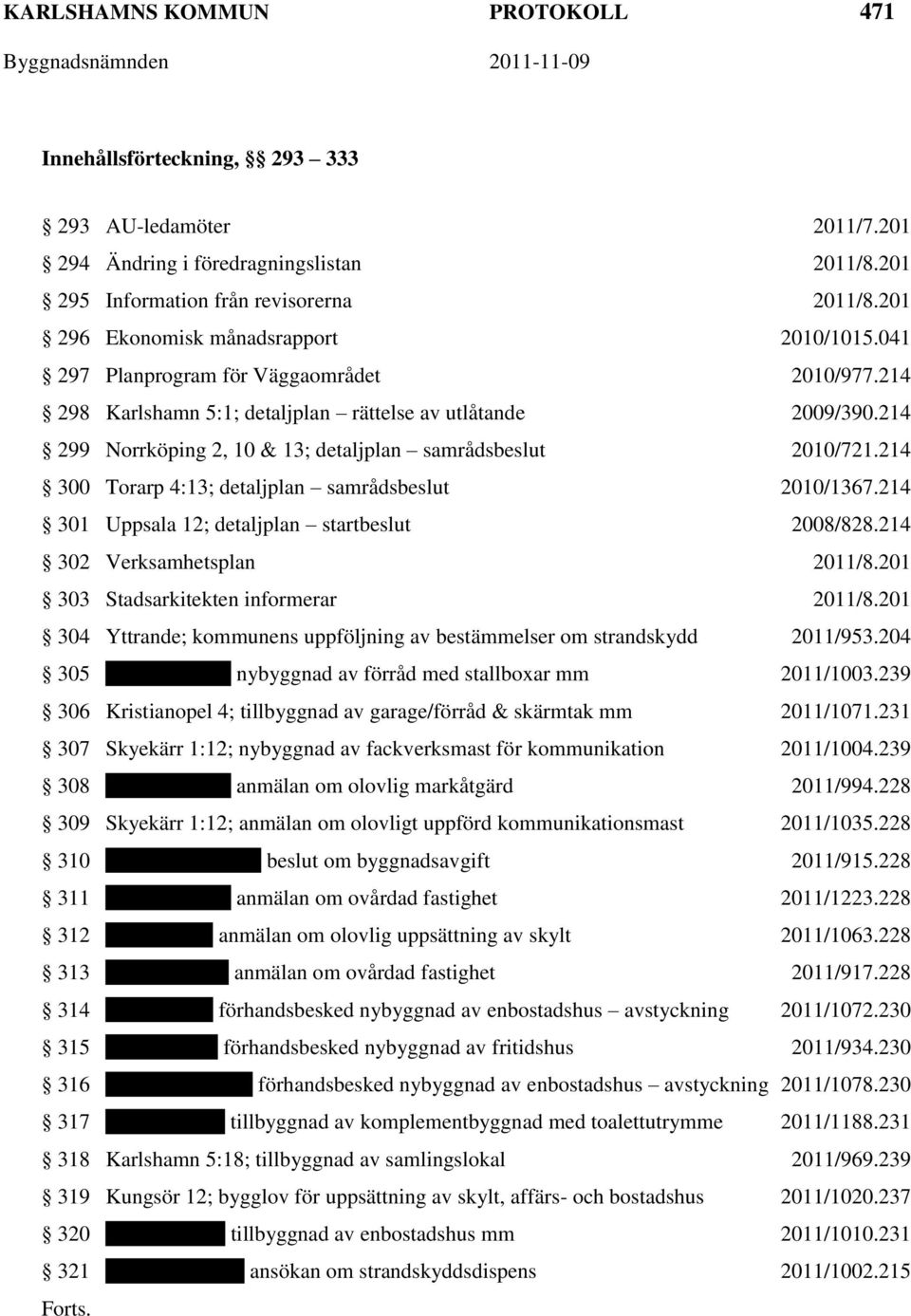 214 299 Norrköping 2, 10 & 13; detaljplan samrådsbeslut 2010/721.214 300 Torarp 4:13; detaljplan samrådsbeslut 2010/1367.214 301 Uppsala 12; detaljplan startbeslut 2008/828.