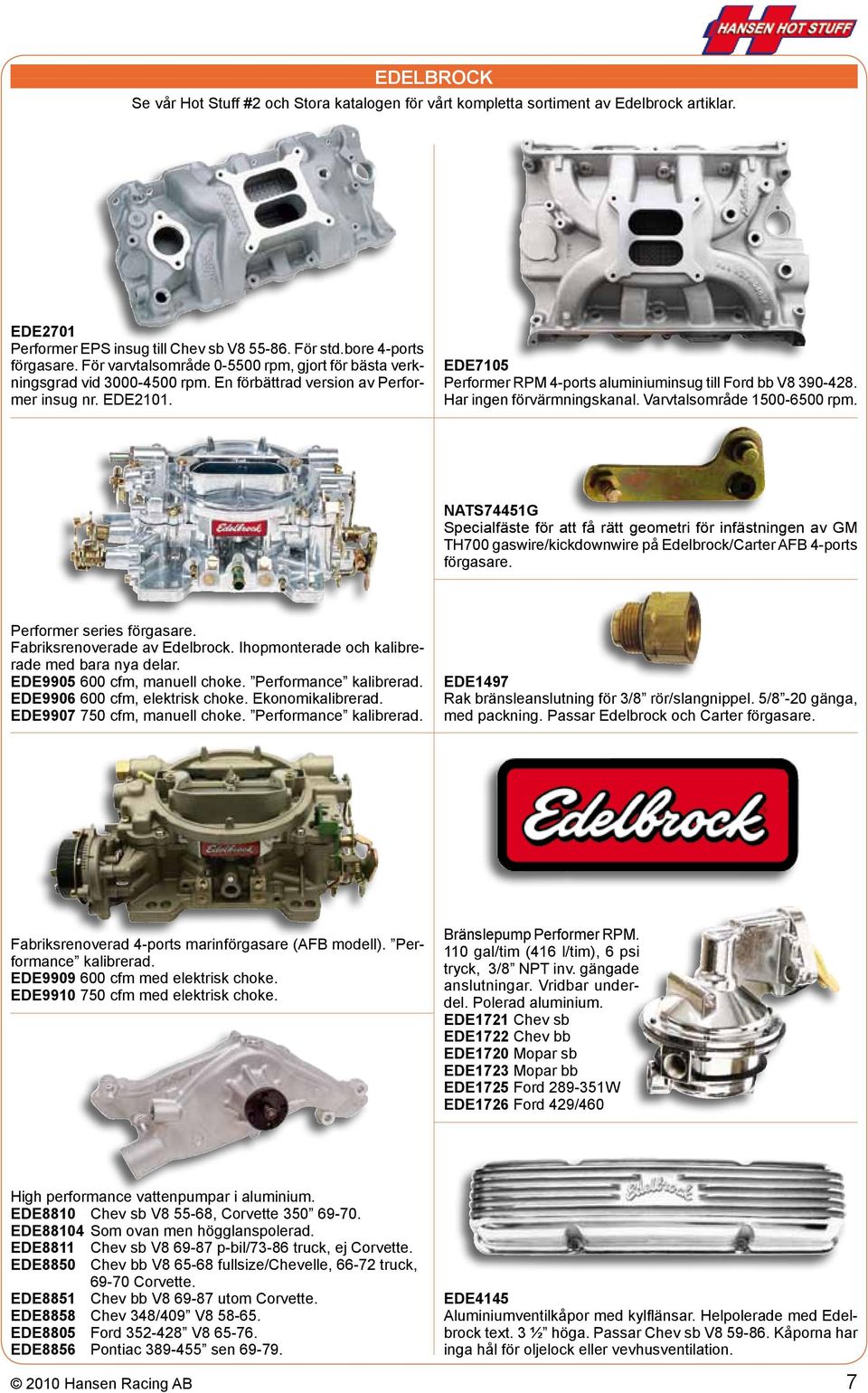 EDE7105 Performer RPM 4-ports aluminiuminsug till Ford bb V8 390-428. Har ingen förvärmningskanal. Varvtalsområde 1500-6500 rpm.