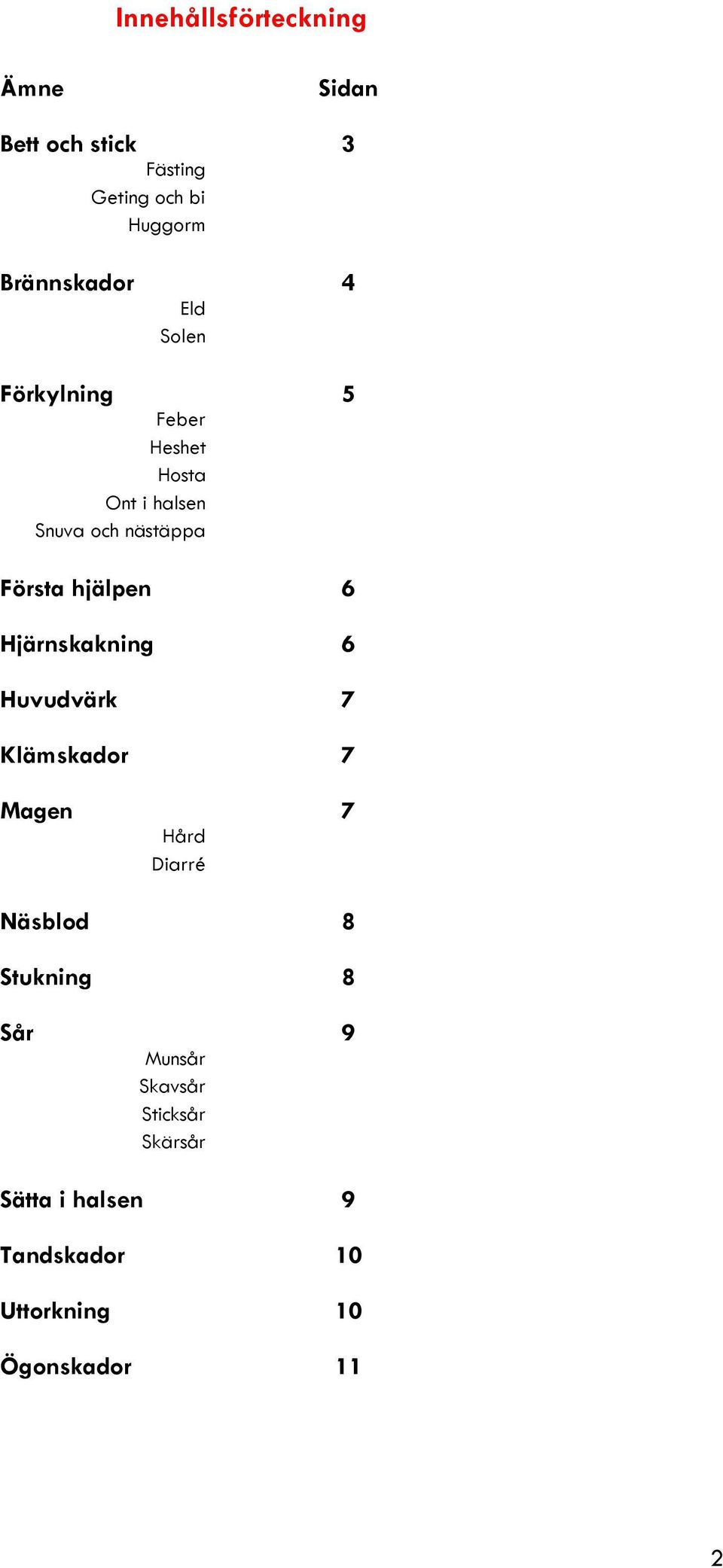 6 Hjärnskakning 6 Huvudvärk 7 Klämskador 7 Magen 7 Hård Diarré Näsblod 8 Stukning 8 Sår 9