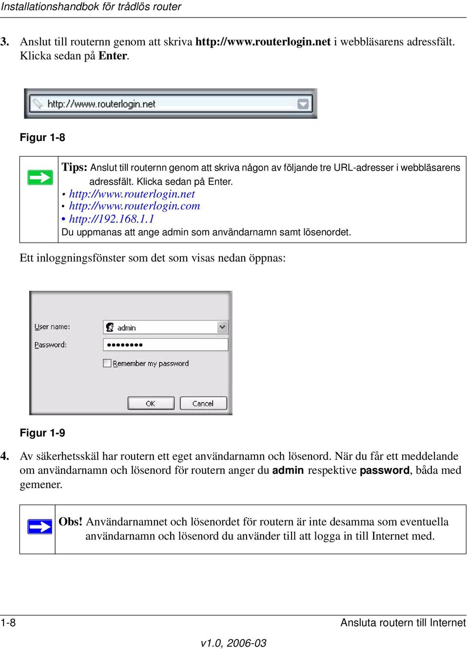 168.1.1 Du uppmanas att ange admin som användarnamn samt lösenordet. Ett inloggningsfönster som det som visas nedan öppnas: Figur 1-9 4.