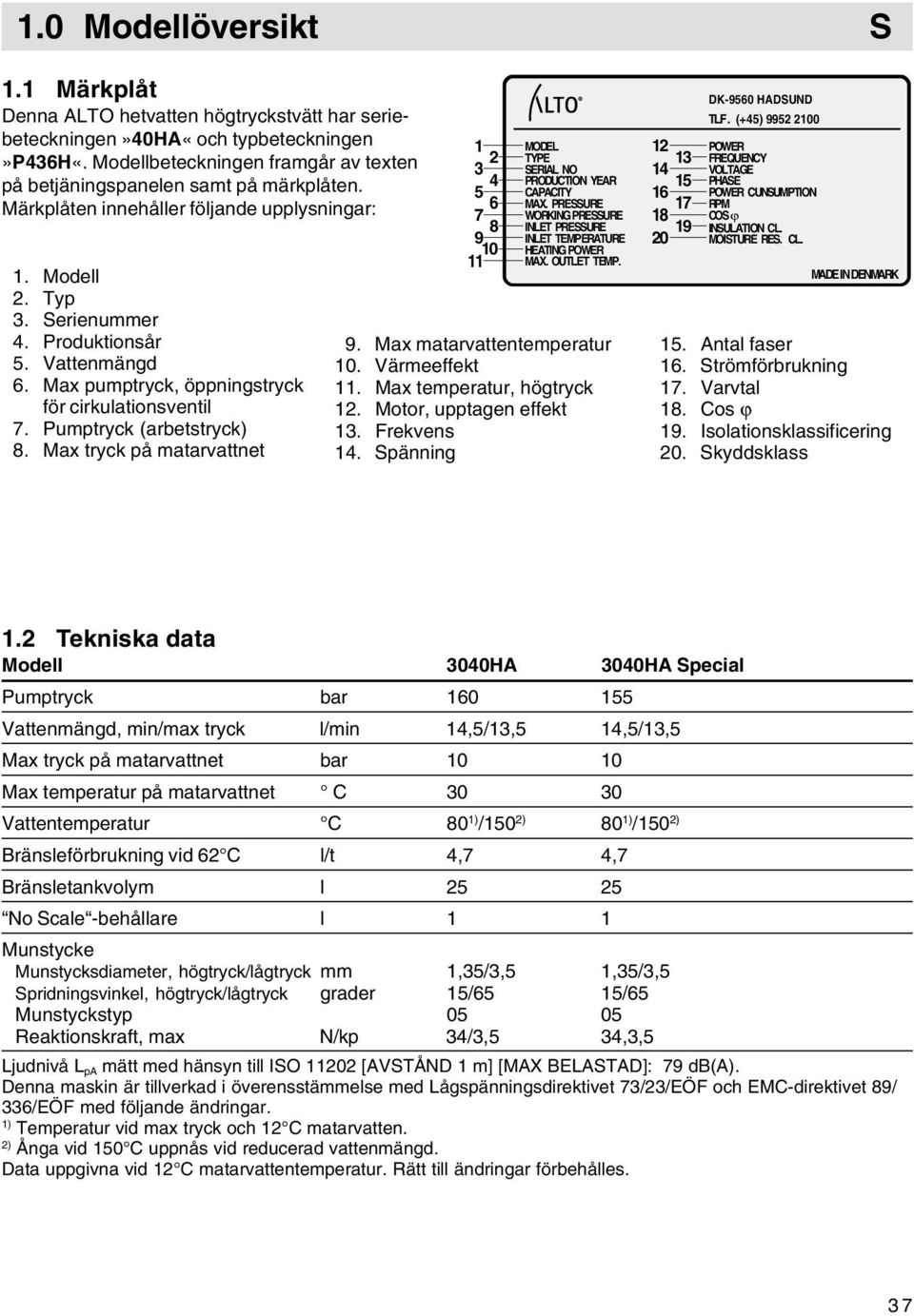 Max tryck på matarvattnet 1 2 3 4 5 6 7 8 9 11 10 MODEL TYPE ERIAL NO PRODUCTION YEAR CAPACITY MAX. PREURE WORKING PREURE INLET PREURE INLET TEMPERATURE HEATING POWER MAX. OUTLET TEMP. 9. Max matarvattentemperatur 10.