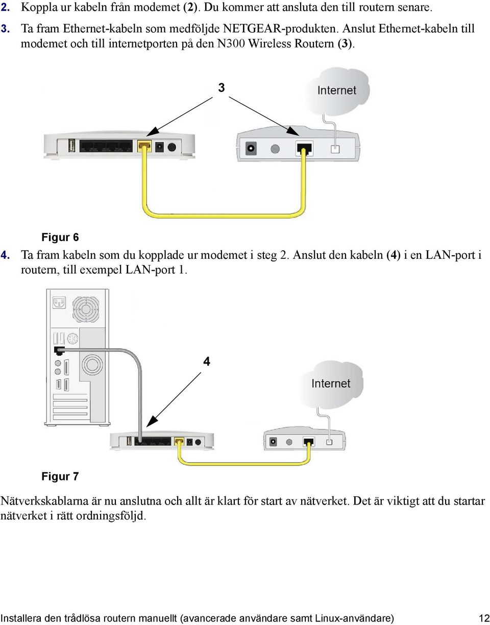 Ta fram kabeln som du kopplade ur modemet i steg 2. Anslut den kabeln (4) i en LAN-port i routern, till exempel LAN-port 1.