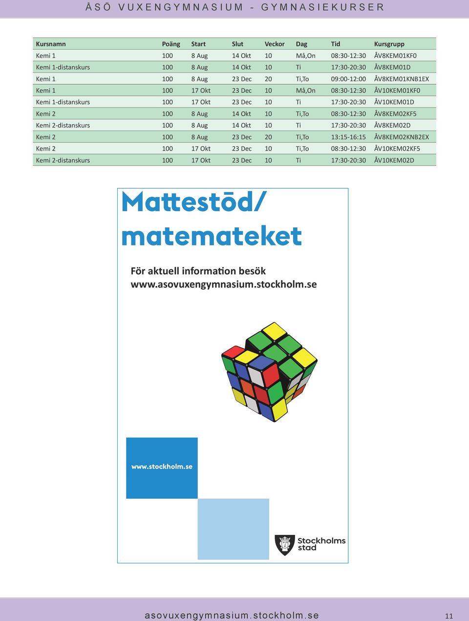 Okt 10 Ti,To 08:30-12:30 ÅV8KEM02KF5 Kemi 2-distanskurs 100 8 Aug 14 Okt 10 Ti 17:30-20:30 ÅV8KEM02D Kemi 2 100 8 Aug 23 Dec 20 Ti,To 13:15-16:15 ÅV8KEM02KNB2EX Kemi 2 100 17 Okt 23