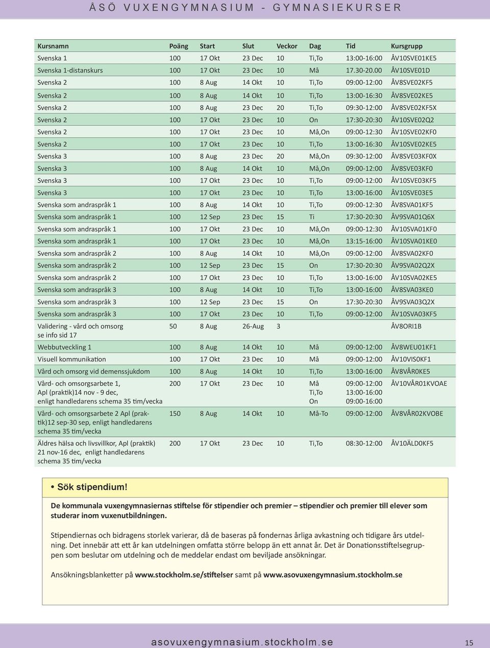 Svenska 2 100 17 Okt 23 Dec 10 On 17:30-20:30 ÅV10SVE02Q2 Svenska 2 100 17 Okt 23 Dec 10 Må,On 09:00-12:30 ÅV10SVE02KF0 Svenska 2 100 17 Okt 23 Dec 10 Ti,To 13:00-16:30 ÅV10SVE02KE5 Svenska 3 100 8