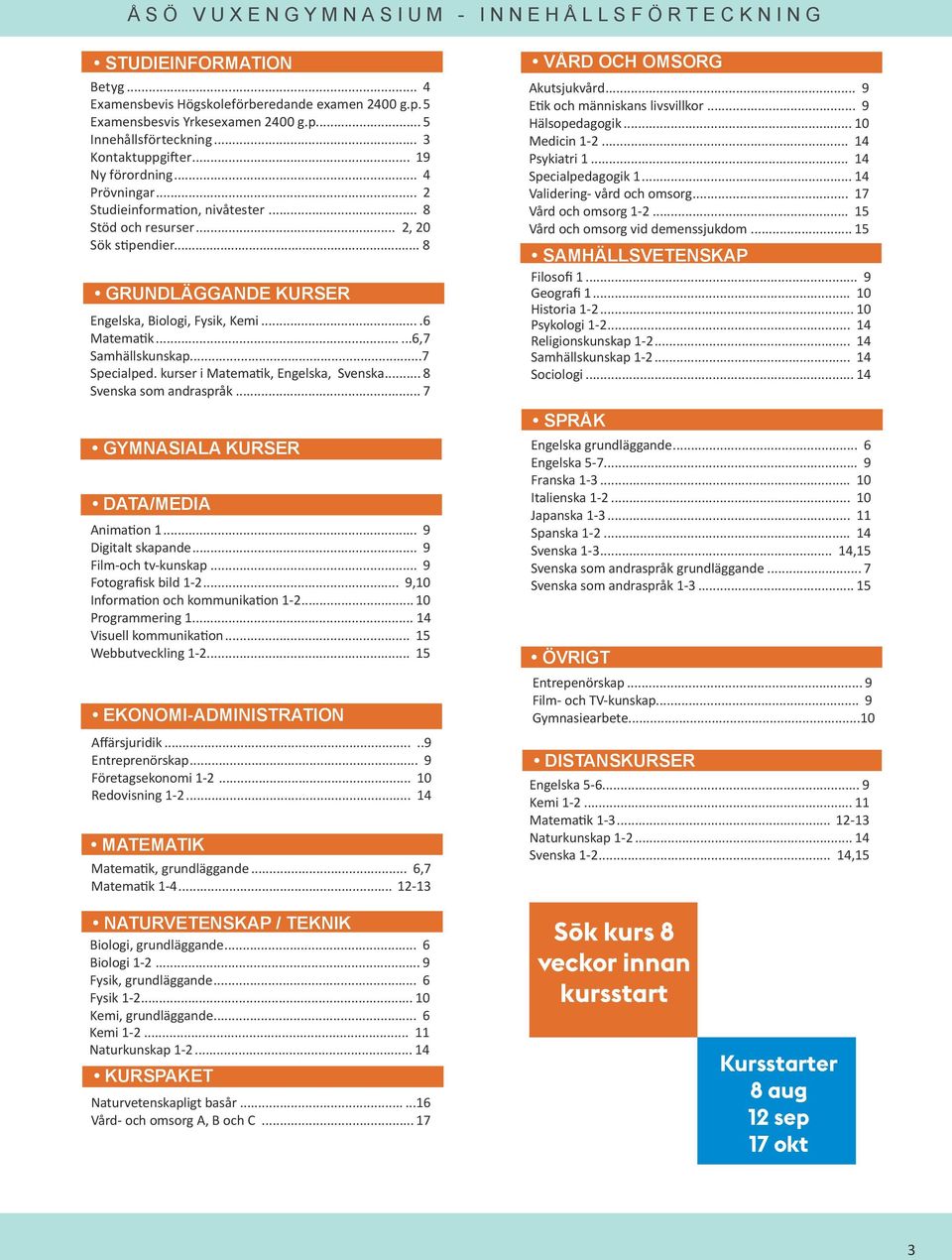 ...6 Matematik......6,7 Samhällskunskap...7 Specialped. kurser i Matematik, Engelska, Svenska... 8 Svenska som andraspråk... 7 GYMNASIALA KURSER DATA/MEDIA Animation 1... 9 Digitalt skapande.