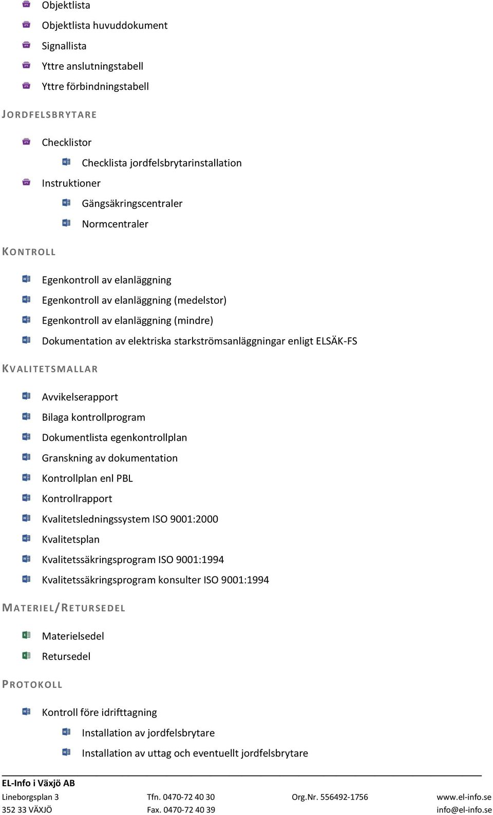 starkströmsanläggningar enligt ELSÄK-FS KV ALITETSM ALL AR Avvikelserapport Bilaga kontrollprogram Dokumentlista egenkontrollplan Granskning av dokumentation Kontrollplan enl PBL Kontrollrapport