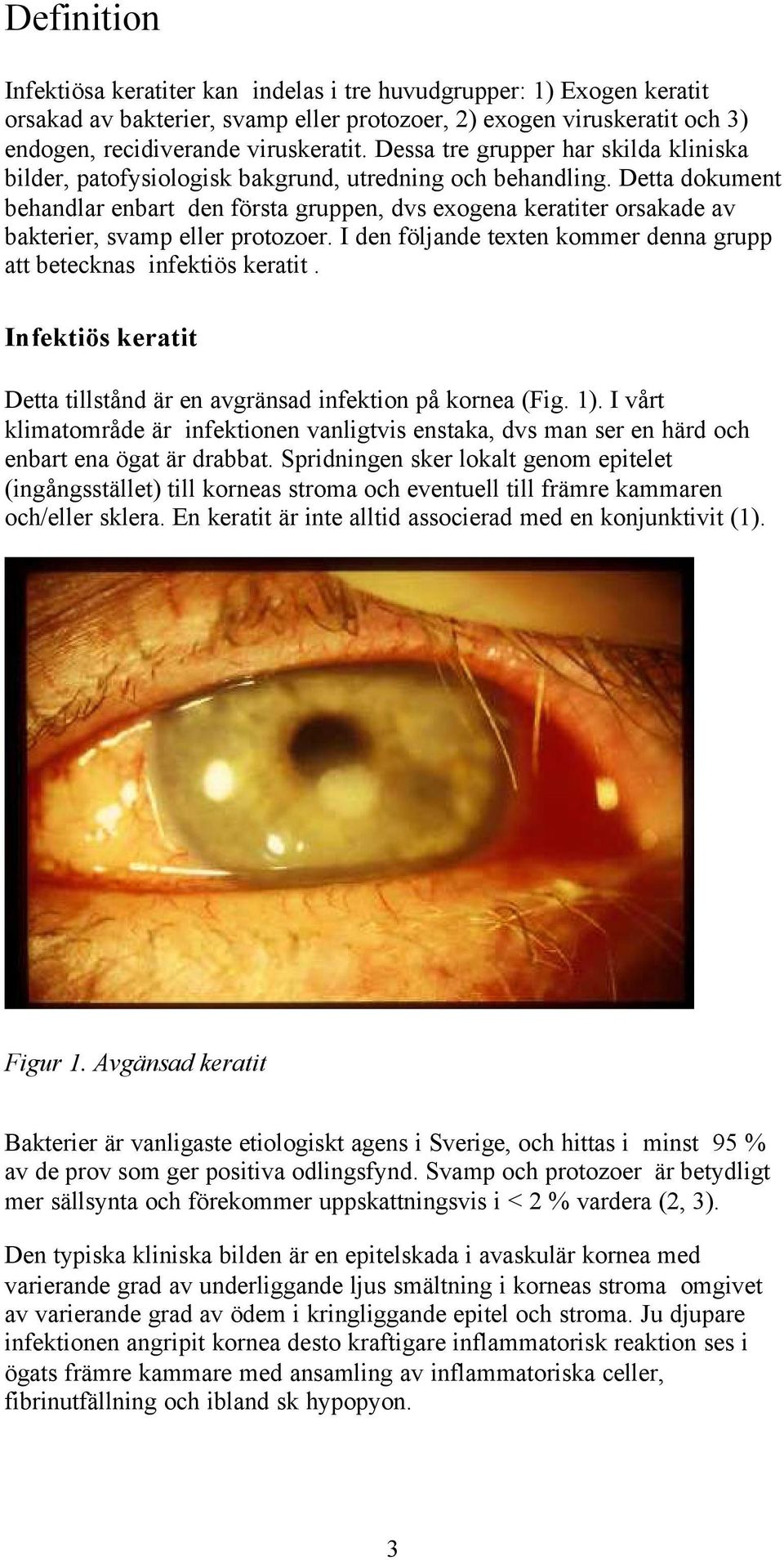 Detta dokument behandlar enbart den första gruppen, dvs exogena keratiter orsakade av bakterier, svamp eller protozoer. I den följande texten kommer denna grupp att betecknas infektiös keratit.